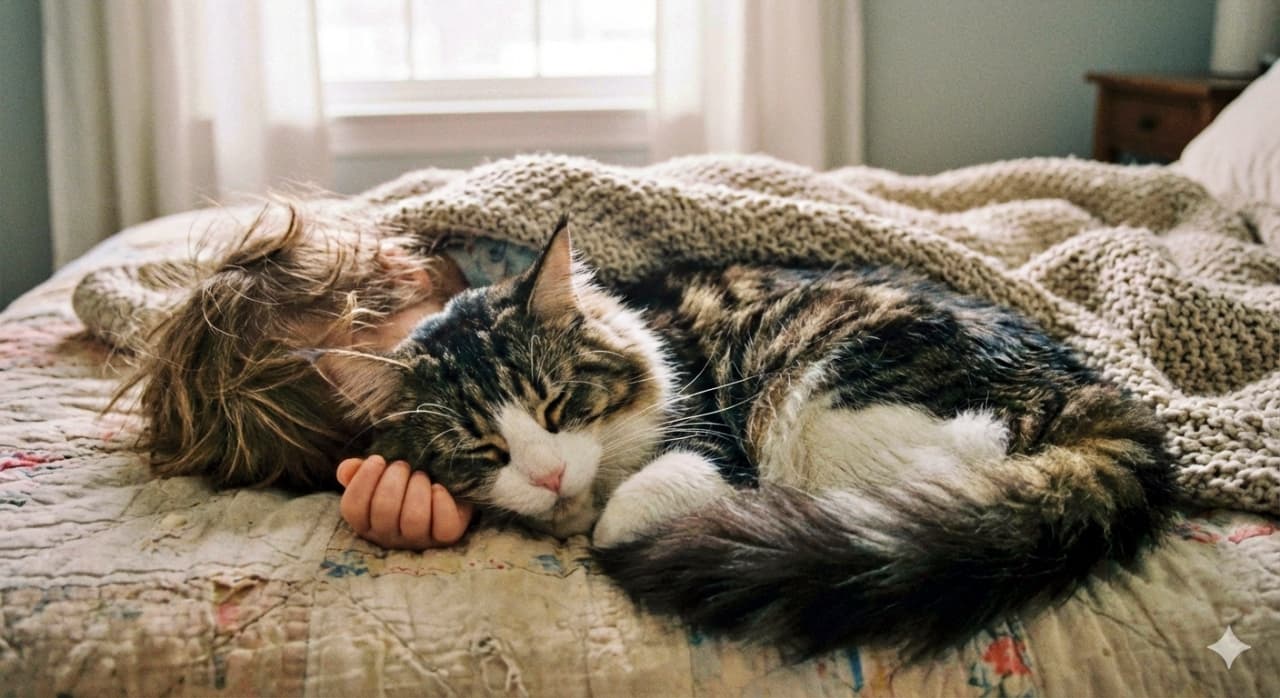 A photorealistic Maine Coon cat with long fur is curled up peacefully beside a sleeping child under a knitted blanket. The child’s face is partially hidden by their hand and hair, and soft light filters through sheer curtains in the background, creating a warm, tranquil atmosphere. 写実的な長毛のメインクーンが、毛布に包まれて眠る子どもの隣で穏やかに丸くなっている。子どもの顔は手と髪で部分的に隠れ、背景のレースのカーテン越しに柔らかな光が差し込み、温かく静かな空気感が漂っている