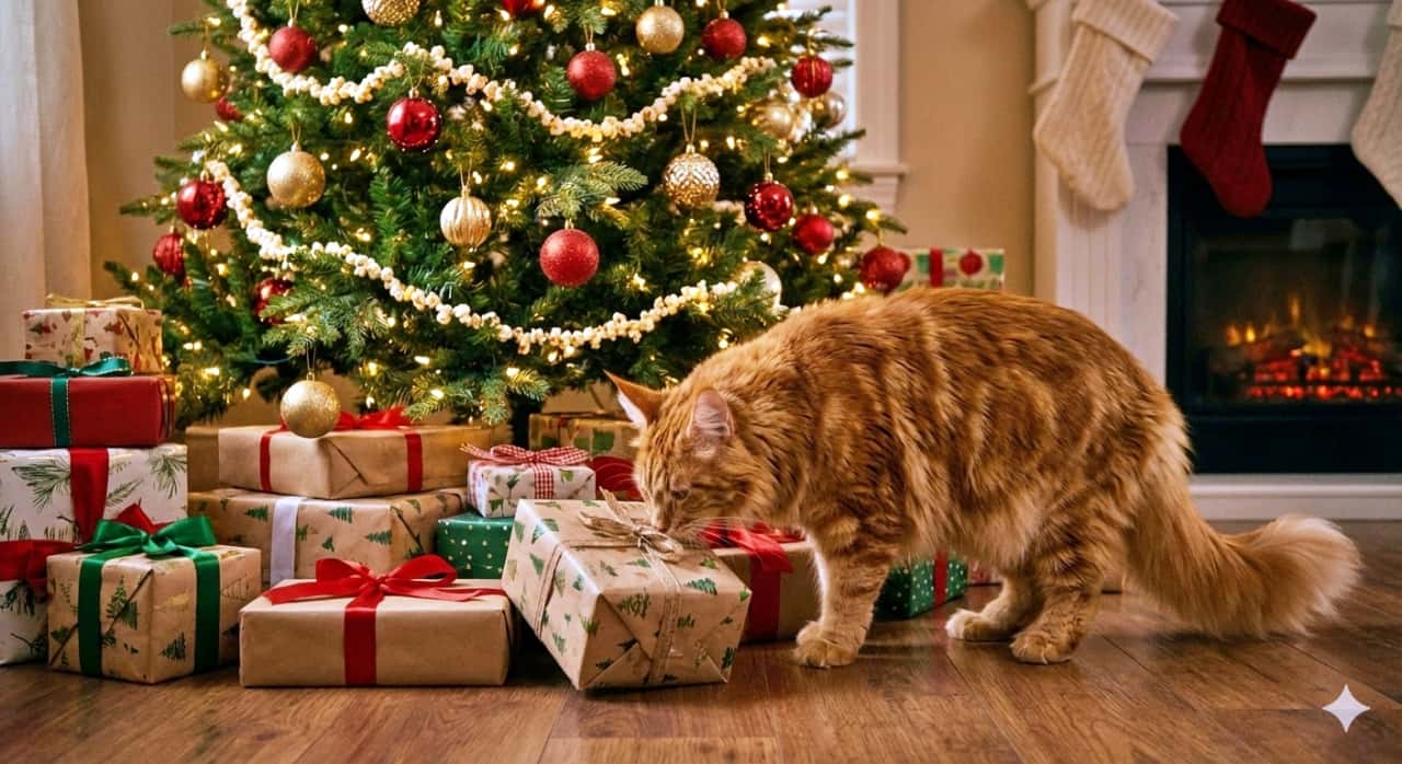 A photorealistic Maine Coon cat with ginger tabby fur is sniffing wrapped presents beneath a decorated Christmas tree. The festive indoor scene includes glowing string lights, red and gold ornaments, a warm fireplace, and hanging stockings, evoking a cozy holiday atmosphere. 写実的な茶トラのメインクーンが、飾り付けられたクリスマスツリーの下でラッピングされたプレゼントの匂いを嗅いでいる。室内にはイルミネーションや赤と金のオーナメント、暖炉の炎、吊るされた靴下があり、温かく祝祭的な雰囲気が漂っている