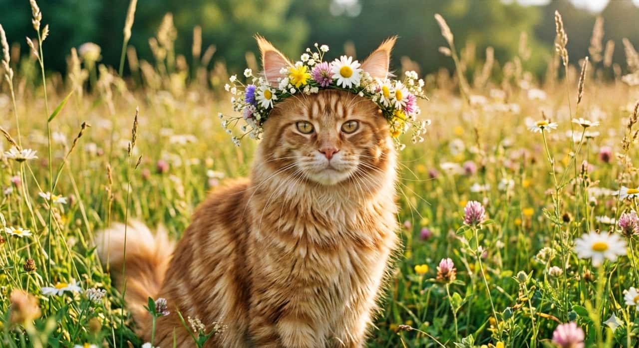 A photorealistic Maine Coon cat with fluffy orange tabby fur sits gracefully in a wildflower meadow, wearing a delicate floral crown made of daisies and clover. Warm sunlight bathes the scene, with soft-focus greenery in the background. 写実的なオレンジのタビー柄メインクーンが、野の花で編まれた繊細な花冠を頭にのせ、草花が咲き乱れる草原に優雅に座っている。背景には柔らかな緑が広がり、暖かな陽光が全体を包み込んでいる