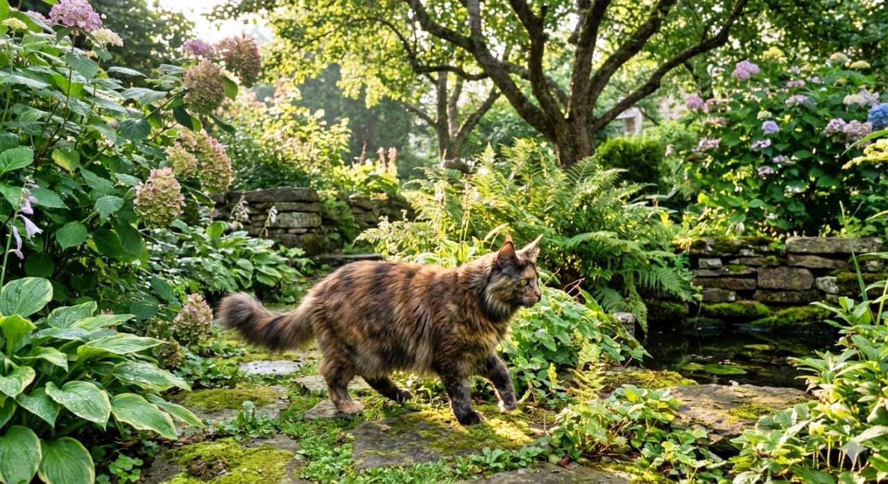 A photorealistic Maine Coon cat walks along a stone path in a lush backyard garden filled with hydrangeas, ferns, and dappled sunlight filtering through tall trees. フォトリアルなメインクーンが石畳の小道を歩きながら、紫陽花やシダが茂る緑豊かな裏庭を探検している。高木の葉を通して木漏れ日が差し込み、穏やかな雰囲気が広がっている