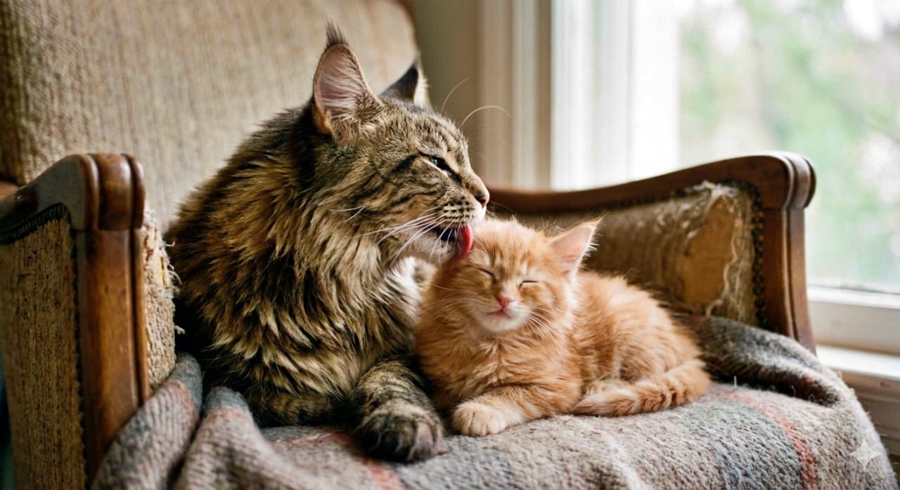 A photorealistic adult Maine Coon cat with dark tabby fur gently grooms a small orange kitten on a vintage armchair. Natural light from a nearby window casts a warm glow over the cozy scene, highlighting the affectionate bond between the two cats. 写実的なダークタビー柄の成猫メインクーンが、ヴィンテージ調のひじ掛け椅子の上で小さなオレンジ色の子猫を優しく毛づくろいしている。窓から差し込む自然光が、2匹の猫の愛情あふれるひとときを温かく照らしている