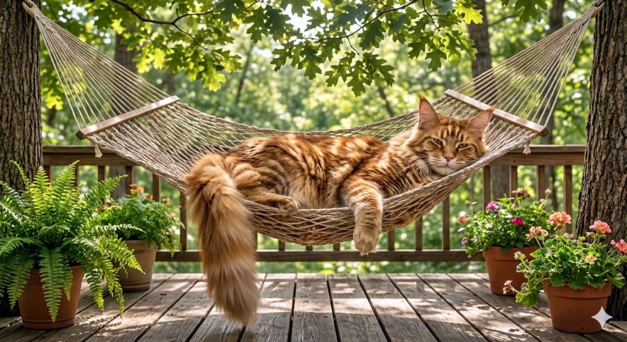 A photorealistic Maine Coon cat lounges in a woven hammock on a wooden deck, surrounded by potted flowers and forest greenery, basking in dappled sunlight. フォトリアルなメインクーンが木製デッキに吊るされたロープハンモックでくつろいでいる。鉢植えの花々と森の緑に囲まれ、木漏れ日の中で穏やかな時間を過ごしている