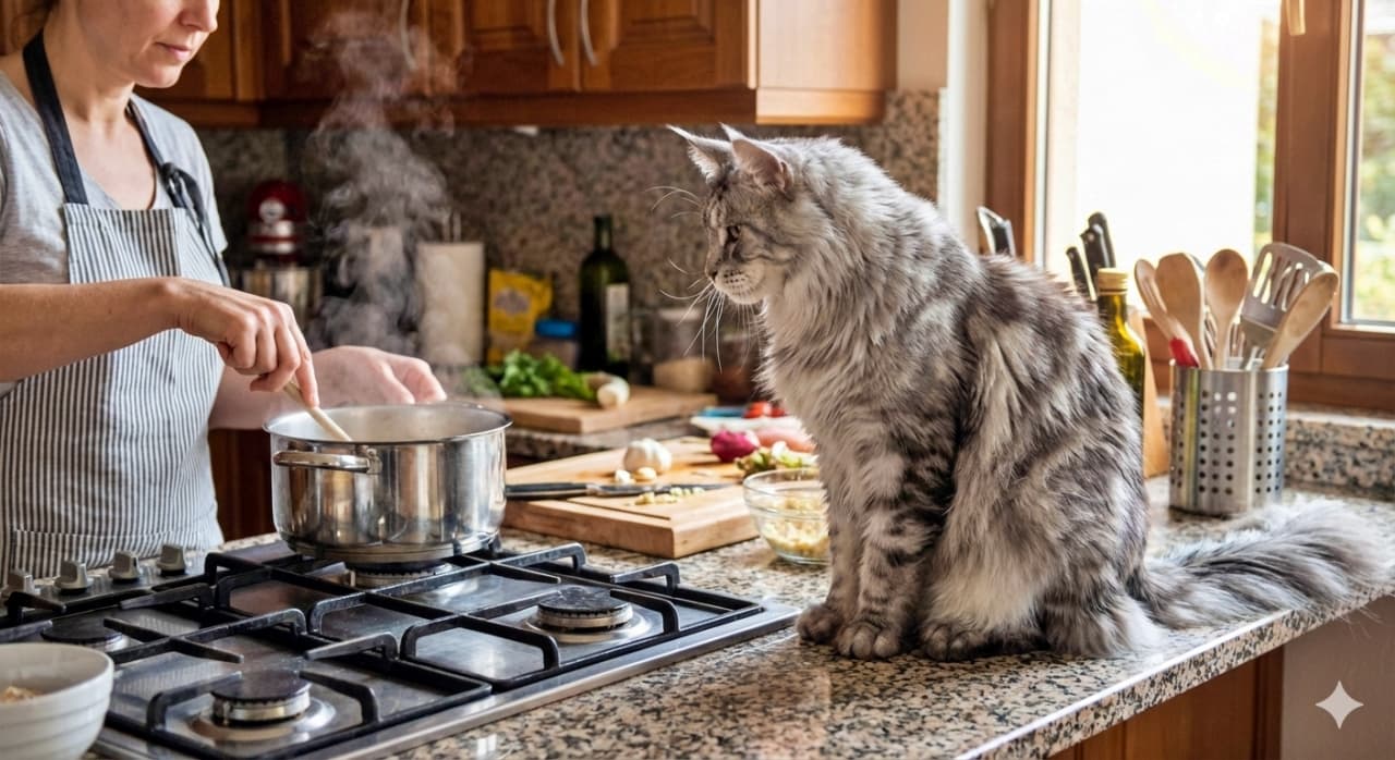 A photorealistic Maine Coon cat sits on a cluttered kitchen counter, attentively watching a person stir a steaming pot, surrounded by cooking ingredients and bathed in warm natural light. フォトリアルなメインクーンが雑然としたキッチンカウンターに座り、湯気の立つ鍋をかき混ぜる人物をじっと見つめている。調理器具や食材が並び、柔らかな自然光が家庭的な雰囲気を演出している