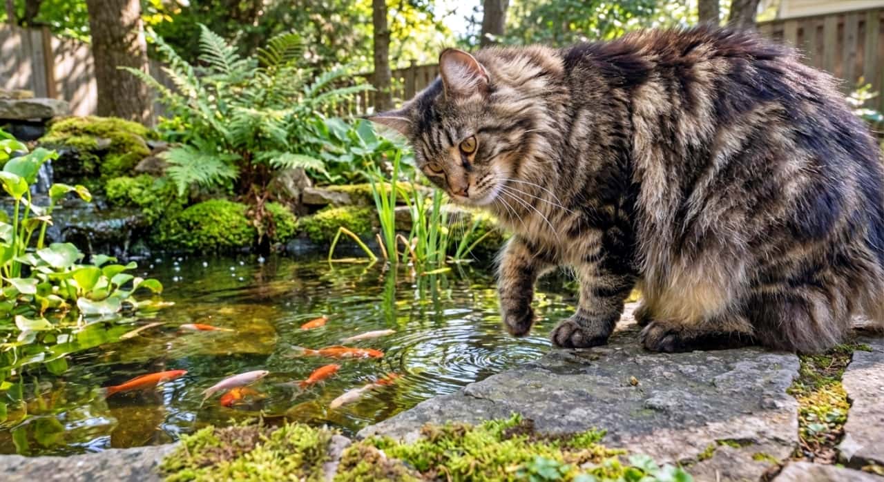 A photorealistic Maine Coon cat with fluffy tabby fur stands on a stone edge, intently watching colorful fish swim in a small backyard pond. The pond is surrounded by lush greenery, including moss, ferns, and aquatic plants, creating a peaceful garden scene. 写実的なふわふわのタビー柄メインクーンが石の縁に立ち、小さな庭の池で泳ぐ色とりどりの魚を興味深く見つめている。池の周囲にはシダや苔、水草などの緑が広がり、穏やかな庭の風景が描かれている