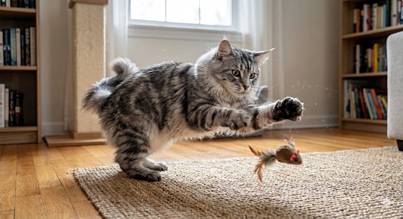 A photorealistic Maine Coon cat with gray tabby fur is captured mid-pounce on a feathered toy mouse, its body tense and eyes focused. The indoor setting features a woven rug, wooden flooring, bookshelves, and a scratching post near a softly lit window. 写実的なグレーのタビー柄メインクーンが、羽付きのネズミのおもちゃに飛びかかる瞬間を捉えた一枚。体は緊張し、目は獲物に集中している。室内には編み込みラグ、木製の床、本棚、窓際の爪とぎポールがあり、柔らかな光が差し込んでいる
