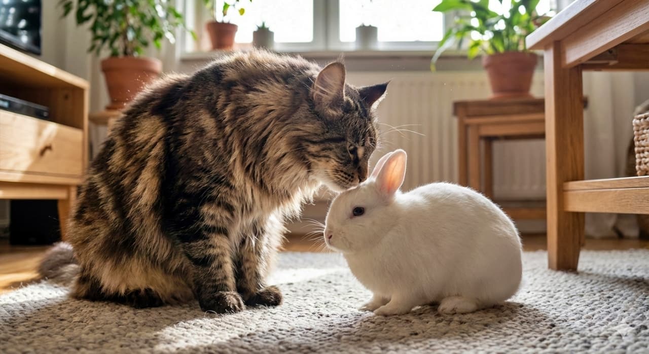 A photorealistic Maine Coon cat gently sniffs a small white rabbit on a carpeted floor, surrounded by warm natural light and cozy indoor furnishings. フォトリアルなメインクーンがカーペットの上で小さな白ウサギの頭を優しく嗅いでいる。自然光が差し込む室内には木製家具や観葉植物があり、穏やかな雰囲気が漂っている