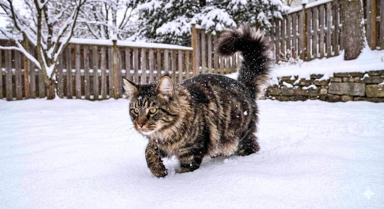 A photorealistic Maine Coon cat walks through freshly fallen snow in a quiet backyard, surrounded by leafless trees, evergreens, and a wooden fence under softly falling snowflakes. フォトリアルなメインクーンが静かな裏庭の新雪の上を歩いている。雪の舞う中、落葉した木々や常緑樹、木製フェンスが背景に広がり、冬の静けさが漂っている