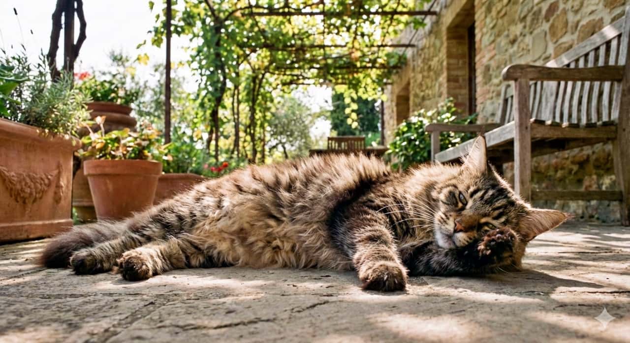 A photorealistic Maine Coon cat with fluffy tabby fur lies lazily on a sunlit stone patio, one paw raised near its face. The peaceful garden setting includes terracotta pots, a wooden bench, and a pergola with green vines casting dappled light. 写実的なふわふわのタビー柄メインクーンが、石畳のパティオでのんびりと横たわり、片方の前足を顔の近くに添えている。テラコッタの鉢植えや木製ベンチ、緑の蔓が絡むパーゴラが穏やかな庭の雰囲気を演出し、木漏れ日が優しく差し込んでいる