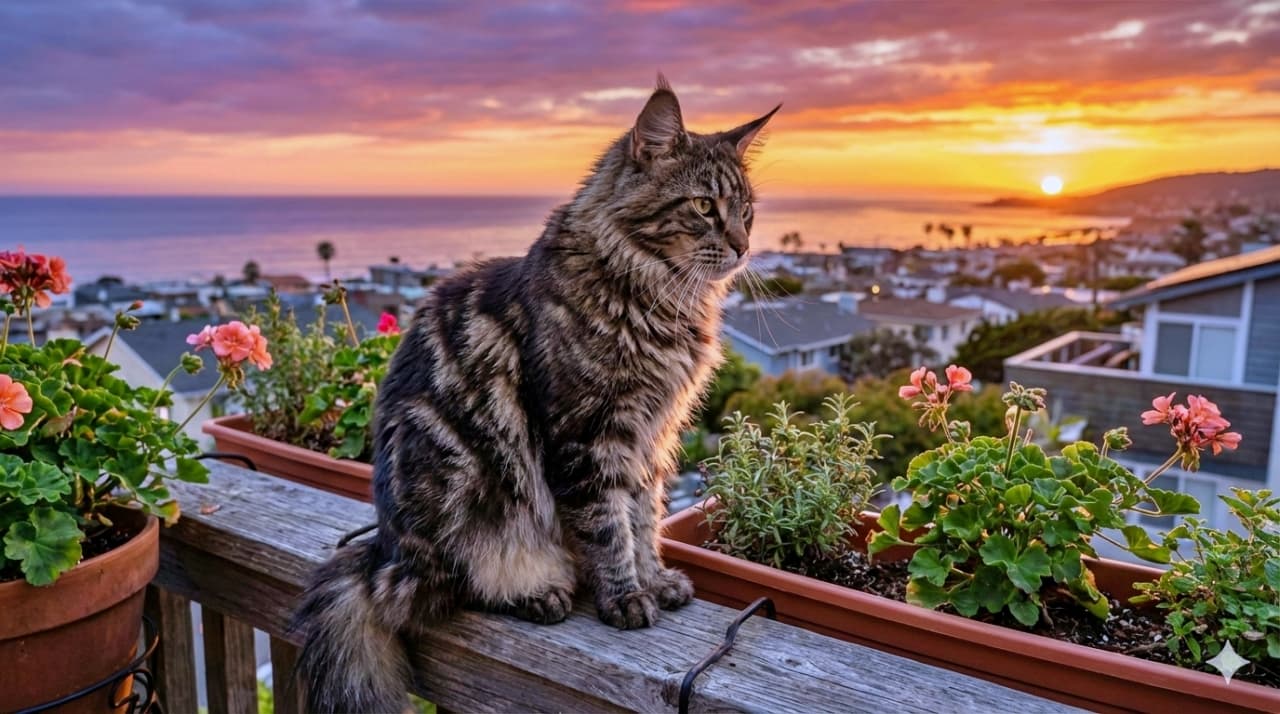 A photorealistic Maine Coon cat with long tabby fur sits calmly on a wooden balcony railing, surrounded by blooming flower pots. In the background, a coastal town and ocean are bathed in warm sunset hues of orange and purple. 写実的な長毛のタビー柄メインクーンが木製のバルコニーの手すりに穏やかに座っている。周囲には咲き誇る鉢植えの花々があり、背景には海辺の町と夕焼けに染まる空と海が広がっている