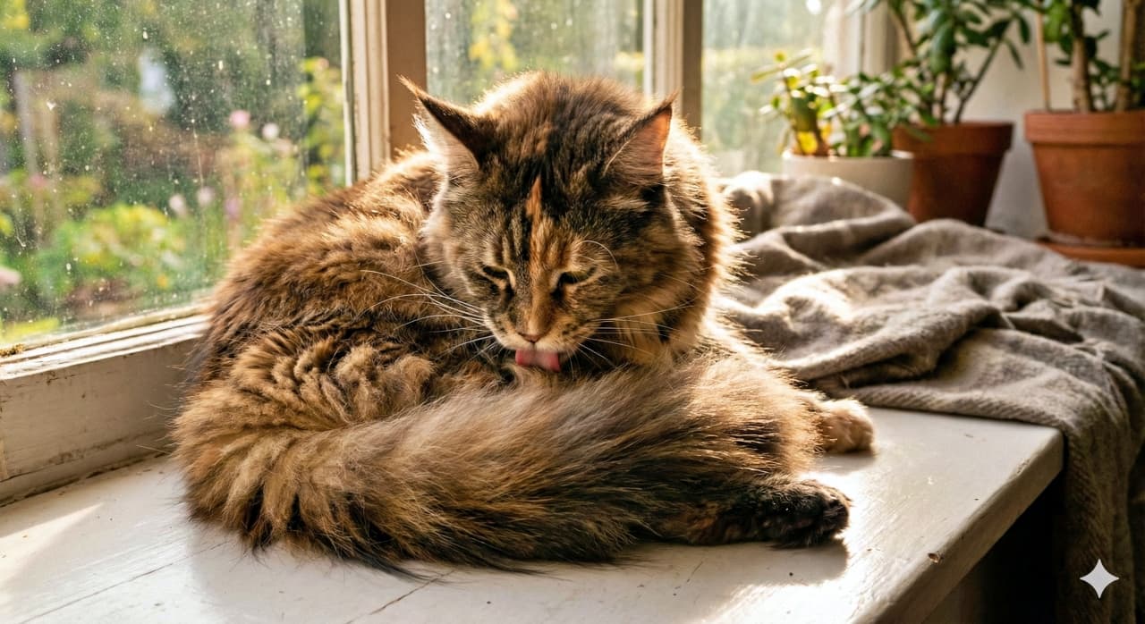 A photorealistic Maine Coon cat sits on a sunlit windowsill, gently grooming its fluffy tail amid soft blankets and potted plants in the morning light. フォトリアルなメインクーンが朝の光差し込む窓辺でふわふわの尻尾を丁寧に毛づくろいしている。柔らかなブランケットと鉢植えが並び、穏やかな室内の雰囲気を醸し出している
