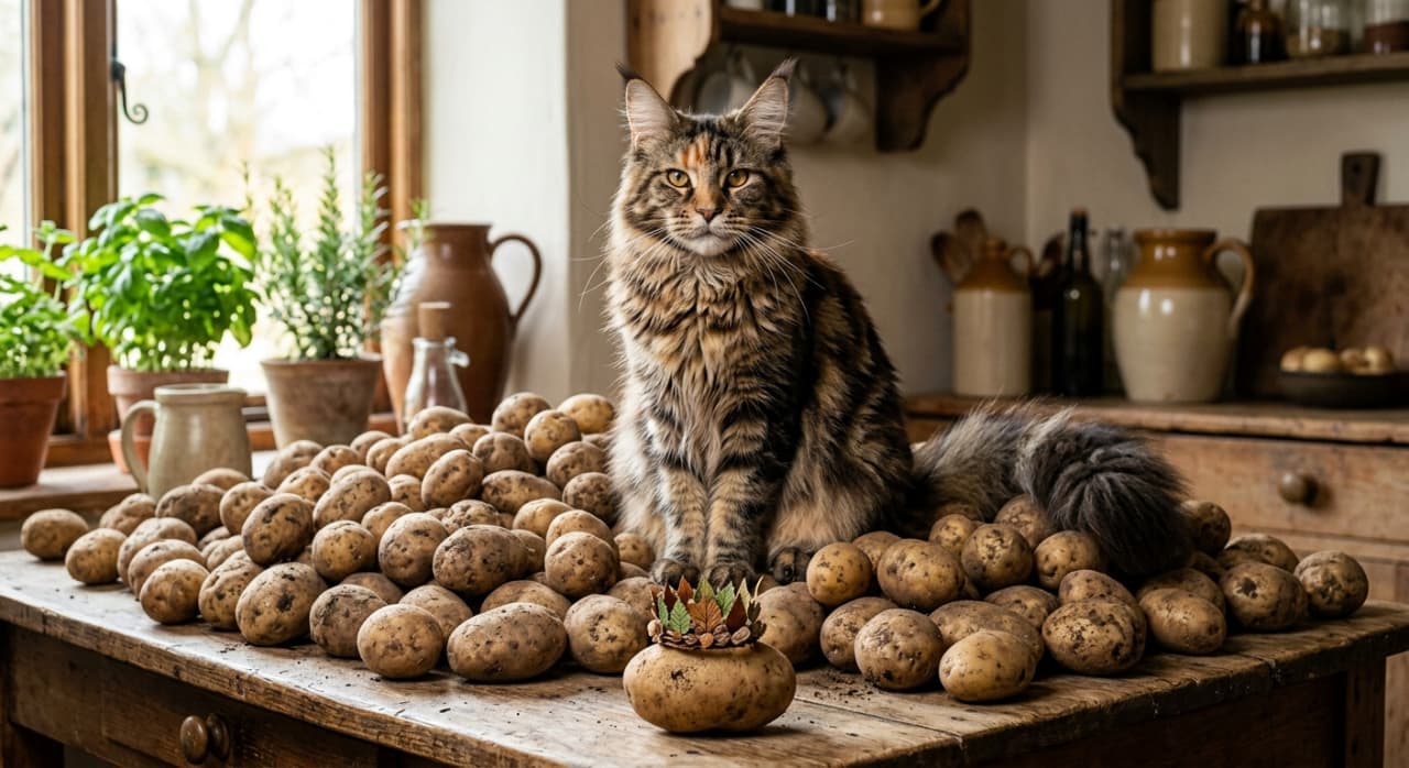 「メインクーンとメークインの奇跡のコラボ！？🥔🐈 じゃがいも山の王様にひれ伏しちゃいます👑✨ #メインクーン #メークイン #ダジャレ」A hyper-photorealistic, high-resolution photograph of a magnificent tabby Maine Coon cat sitting proudly in the center of a rustic wooden table completely covered in a pile of earthy May Queen potatoes. A prominent potato in the foreground wears a tiny, hand-carved leaf crown. The background features a softly blurred, cozy farmhouse kitchen with natural, warm daylight streaming in from a window. 素朴な木製のテーブルの上に山積みされた泥付きのメークイン（じゃがいも）の中心に誇らしげに座る、立派なキジトラのメインクーンの写真。手前にあるひとつのじゃがいもには、葉っぱで作られた小さな王冠が乗せられている。背景には窓から温かい自然光が差し込むカントリー調のキッチンがぼやけて写っており、猫の毛並みやじゃがいもの質感が超高画質で詳細に描写されている