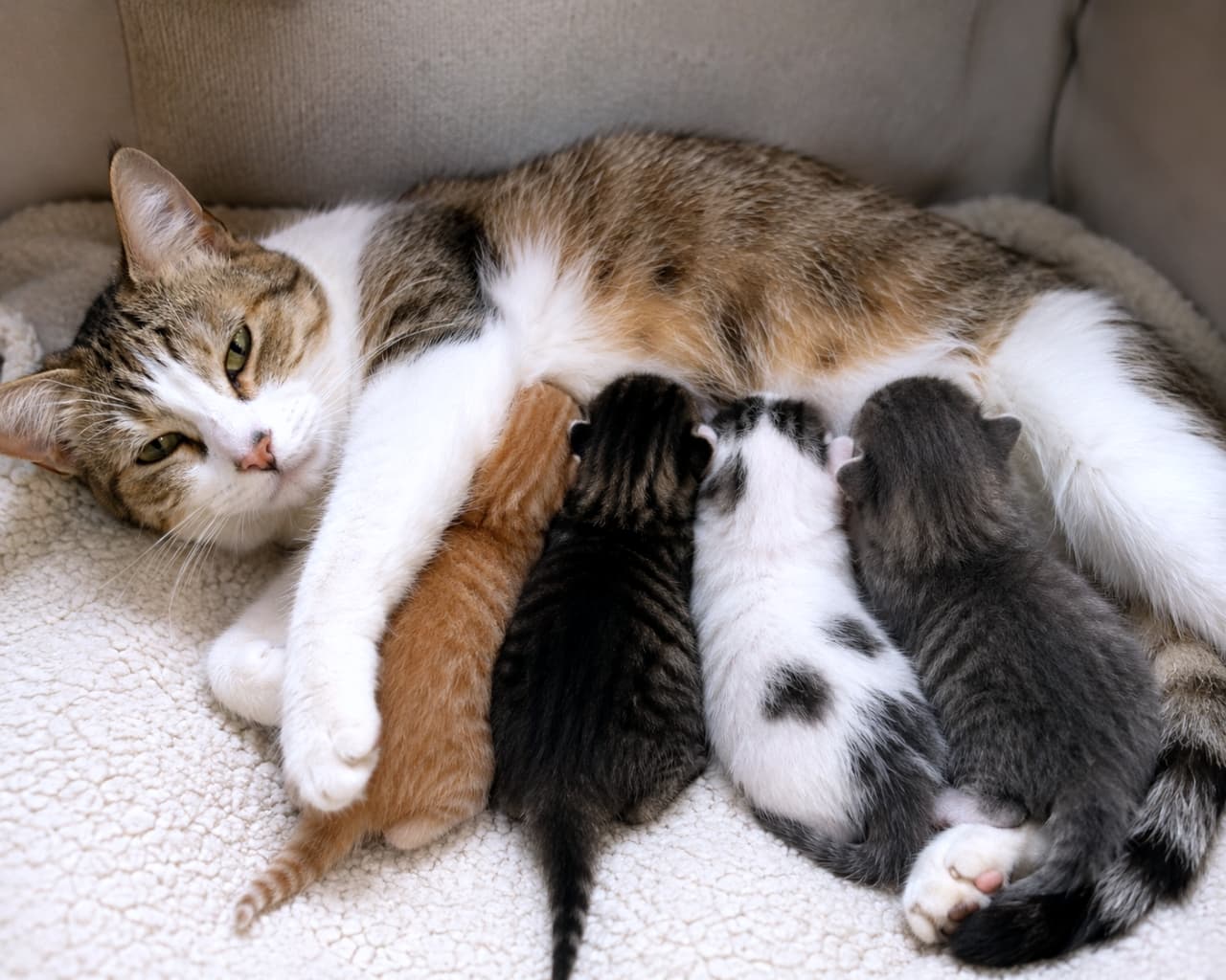 「一生懸命ミルクを飲む子猫たちと、優しいお母さん猫の眼差しにほっこり💖 癒しの時間をおすそ分け🐈🍼 #子猫 #母猫」Ultra-realistic high-quality photograph of a tabby and white mother cat nursing her four kittens (ginger, tabby, black and white, silver tabby) on a soft white blanket, looking calmly at the camera. 白い毛布の上で4匹の子猫（茶トラ、キジトラ、白黒、サバトラ）に授乳しながら、穏やかな表情でカメラを見つめるキジ白の母猫の高画質写真
