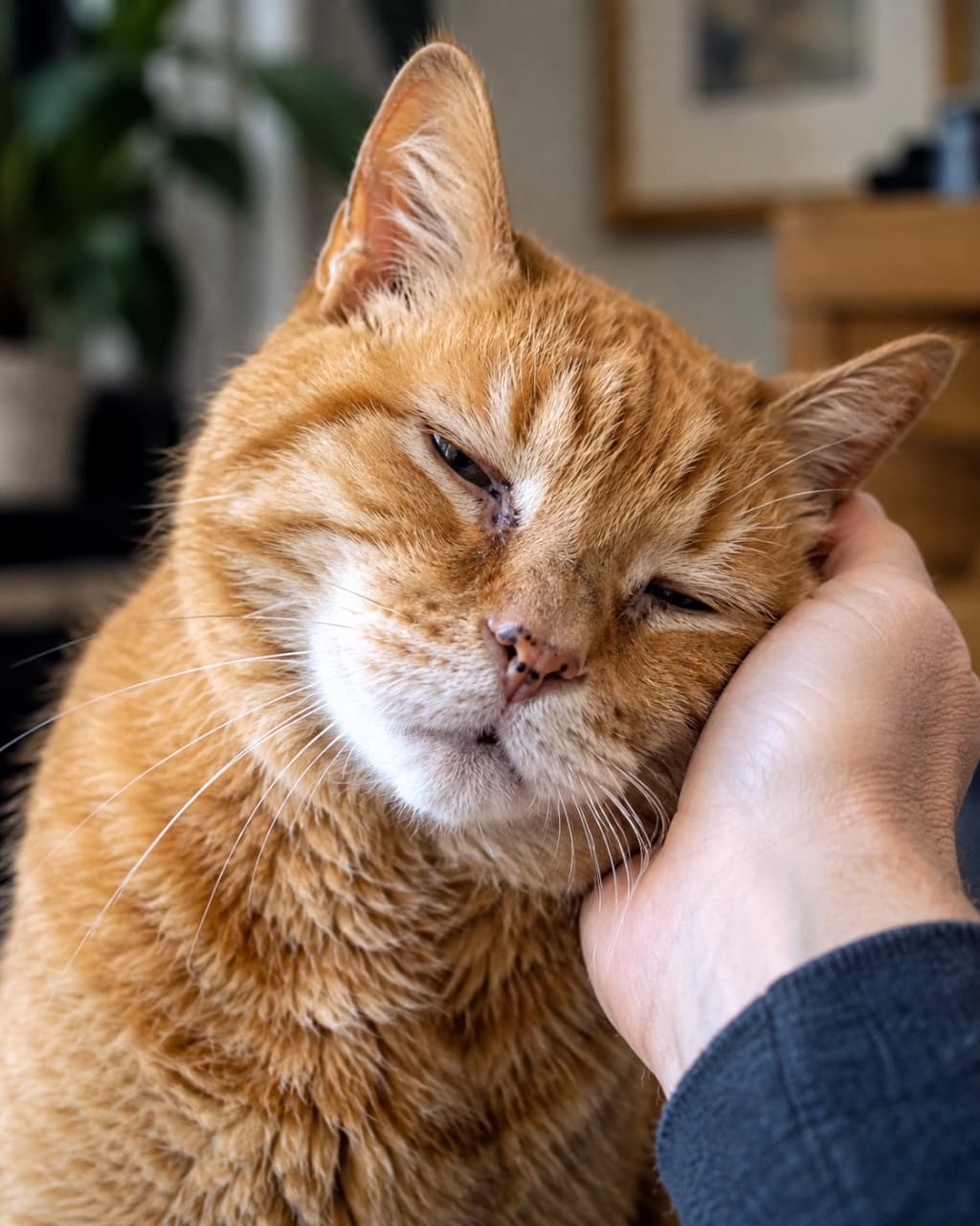 「ゴロゴロ音が聞こえてきそう…🤤 手にすりすりして甘える姿は、世界一の癒しですね🧡🐾」Ultra-realistic high-quality photograph of an orange tabby cat closing its eyes in pure bliss while being gently petted on the head by a human hand. 人間の手に顔をすり寄せて優しく撫でられ、目を細めて至福の表情を浮かべる茶トラ猫の心温まる高画質クローズアップ写真