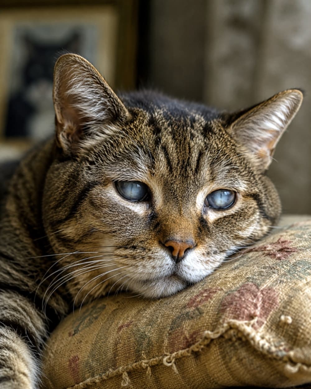 「ぽかぽか陽気でお昼寝タイムにゃ🐾 一緒にゴロゴロしたくなっちゃう可愛さです😴✨」Ultra-realistic high-quality photograph of a tabby cat sleeping peacefully with its chin on a vintage cushion. The texture of the fur and whiskers are highly detailed. ヴィンテージ風のクッションにあごを乗せて穏やかに眠るキジトラ猫の超高画質写真。猫の毛並みやヒゲ、柔らかな光がリアルに描写されています