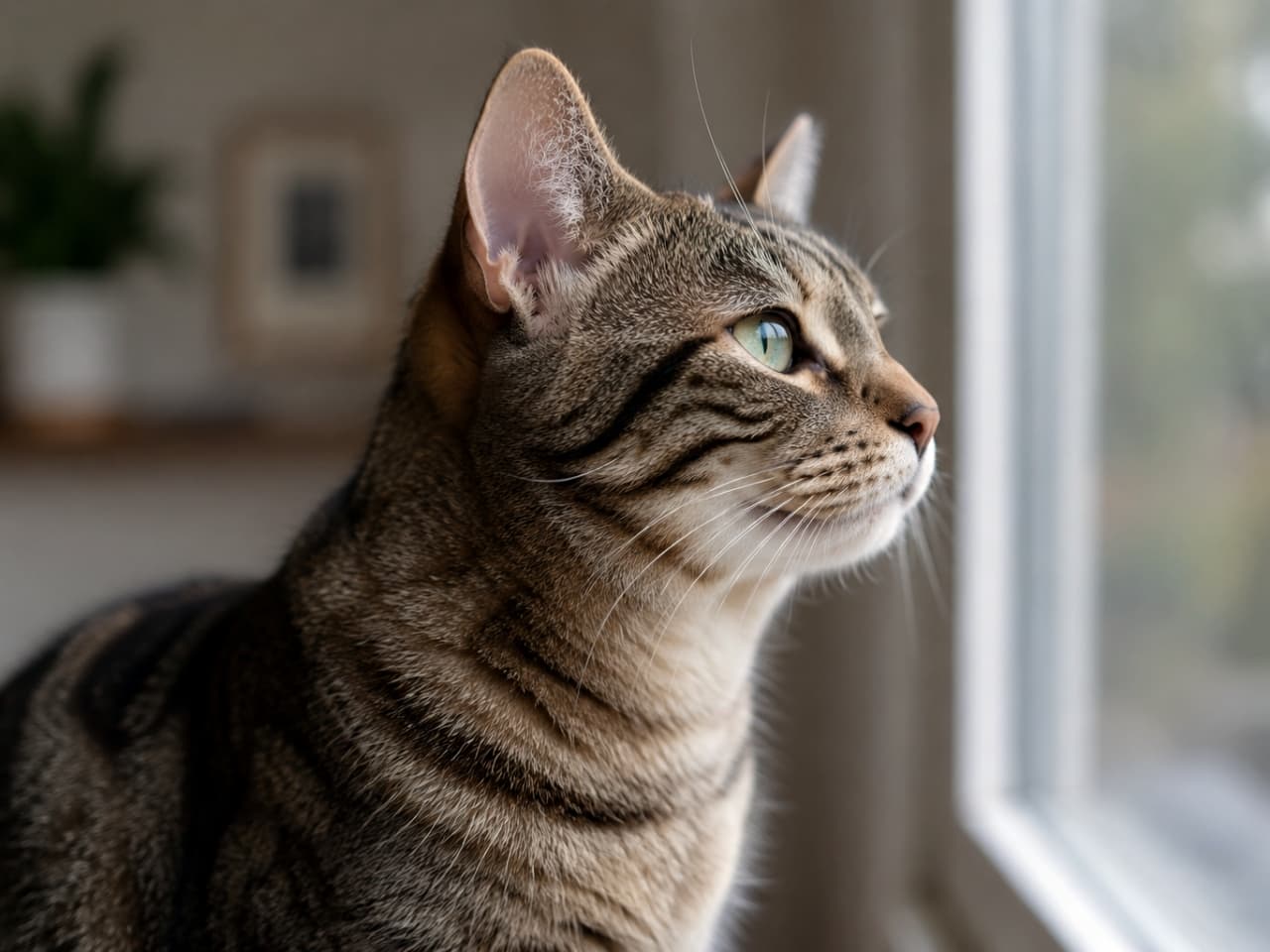 「パトロール中？それとも鳥さんを発見？真剣な横顔にキュンとしちゃいますね🐦🐈」Ultra-realistic high-quality photograph of a tabby cat looking out the window, with natural light beautifully highlighting its fur. 窓際に座り、外の景色を真剣に見つめるキジトラ猫の横顔を捉えた高画質写真。自然光が猫の美しい毛並みを照らしています