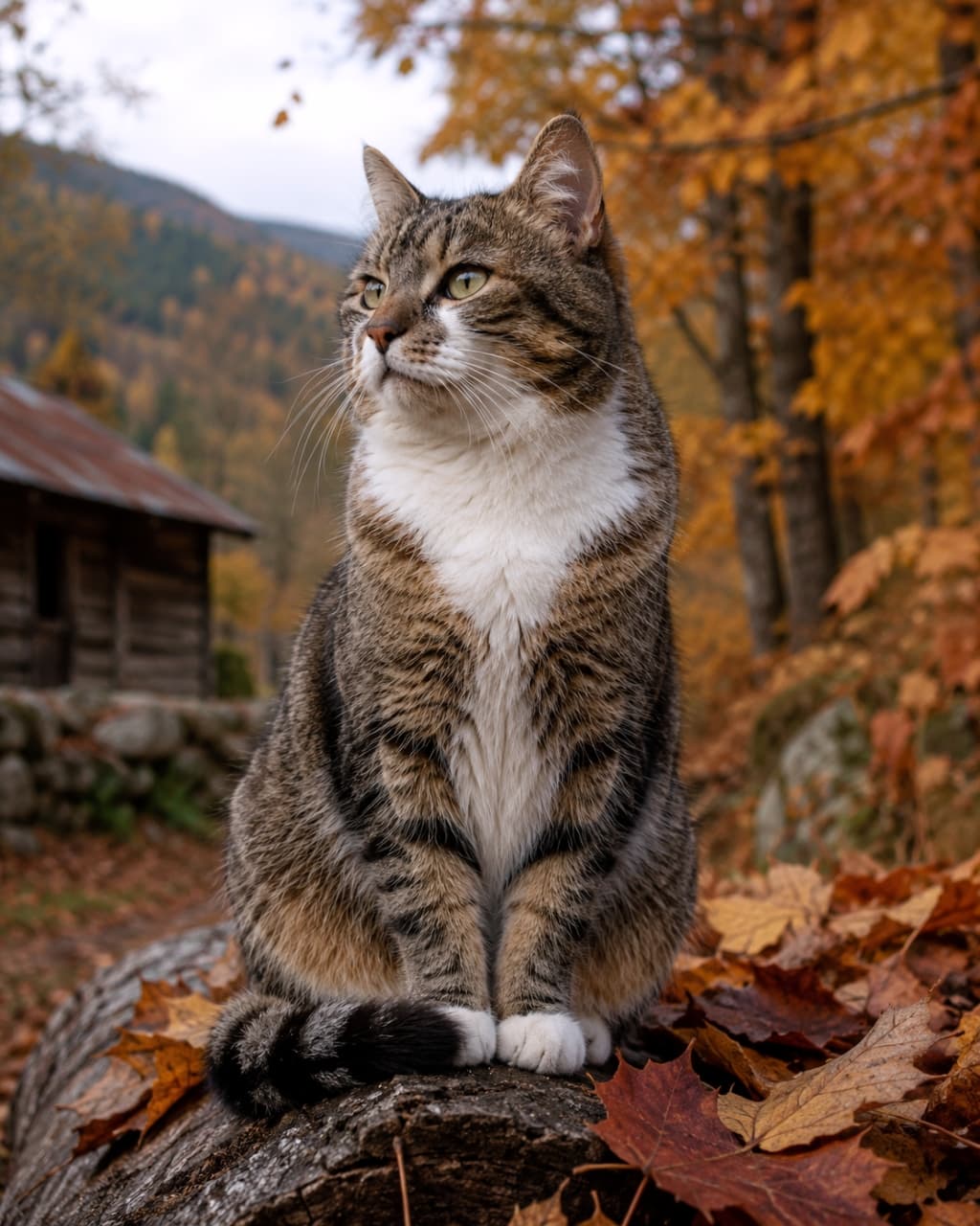 「秋の風が心地いいニャ。これからは僕の冒険の季節！一面の紅葉に囲まれて、ちょっとカッコつけてみたよ🍁✨」An ultra-realistic high-quality photograph of a majestic tabby and white cat sitting on a mossy log covered with autumn maple leaves, looking into the distance with a rustic cabin in the background. 秋の紅葉した森を背景に、落ち葉が積もった丸太の上に凛々しく座るキジ白（タビー＆ホワイト）の猫。胸元の白い毛が美しく、遠くを見つめる横顔が絵になります。左奥には古い山小屋が見えます