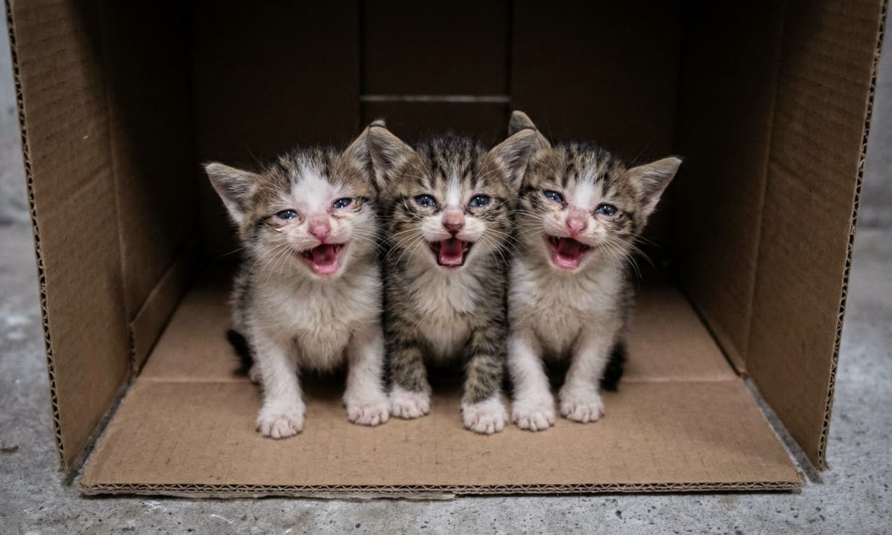「「寂しいよ〜!誰か気付いて〜!」😿段ボールの中で一生懸命に声を上げる3匹の赤ちゃん猫たち🐾この後、無事に優しい人の元へ保護されました🏠✨本当によかったね😭💖 #保護猫 #子猫レスキュー #キジトラ」Ultra-realistic high-quality photograph of three tiny tabby and tabby-and-white kittens crying loudly with wide-open mouths inside a dimly lit cardboard box. Their tearful eyes and desperate expressions are captured in sharp detail, while the stark concrete floor and cardboard textures highlight their vulnerability right before being rescued. 薄暗い段ボール箱の中に身を寄せ合い、不安と寂しさから口を大きく開けて懸命に鳴き続ける3匹のキジトラおよびキジ白の子猫の超高画質写真。涙で潤んだような切実な瞳と、必死に助けを求めるような力強い表情が克明に捉えられています。周囲の無機質なコンクリートの床と段ボールの質感が、保護される直前の緊迫感と小さな命の儚さを強調しています