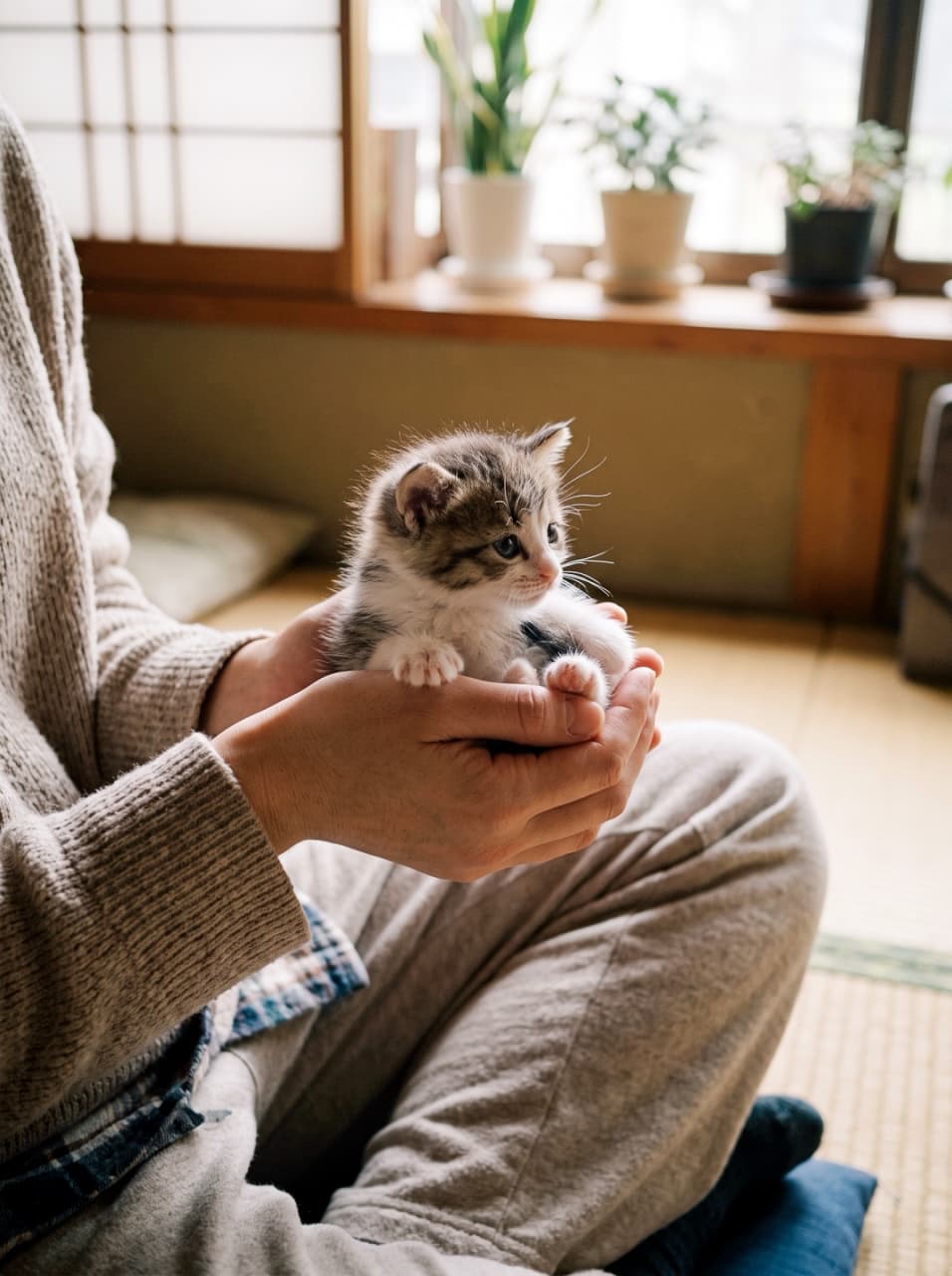 「手のひらにすっぽり収まる、奇跡の小ささ🥺🤲このあたたかくて優しい世界に、見ているだけで心がじんわり満たされますね🍀🐾 #猫のいる暮らし #キジ白」Ultra-realistic high-quality photograph of an incredibly tiny tabby and white kitten being gently cradled within the cupped hands of a person sitting on a tatami floor. The kitten, only a few weeks old, fits entirely inside the natural clasp of the human hands, looking outward with curious, dark eyes. Its miniature, fuzzy paws rest softly against the fingers with no visible pads or claws, highlighting its delicate, precious scale in the cozy natural light of a traditional Japanese home with shoji and potted plants blurred in the background. 畳が敷かれた和室で、座った人の温かそうな両手の中にすっぽりと収まっている、非常に小さなキジ白の子猫。生後数週間とみられる極小の体で、手のひらに守られながら、大きな瞳で横の景色をじっと見つめている。小さな前足は肉球や爪が見えず、ふわふわとした丸い塊のように手の縁に乗っている。障子戸や窓辺の小さな鉢植えが自然な光の中で柔らかくボケる、ぬくもりあふれる高画質な写真