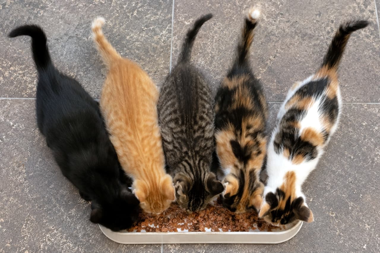 「しっぽをピーンと立てて夢中でご飯中ッ！美味しそうなモグモグ音が聞こえてきそうだにゃ〜🔊元気チャージ完了！」Ultra-realistic high-quality photograph showing a top-down view of five diverse kittens eating in a row from a single long dish, with their distinct fur patterns and wiggling tails on display. 少しブラウンがかったタイルの床の上で、1本の長いお皿から並んでキャットフードを食べる5匹の異なる毛柄の子猫を真上から見下ろした高画質写真。ピンと立った尻尾が愛らしい瞬間です