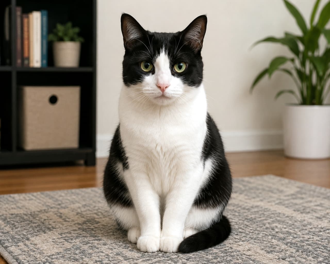 「おめめクリクリ！お部屋のインテリアにも馴染むおしゃれなモノトーンにゃんこ🌿🐾」Ultra-realistic high-quality portrait photograph of a tuxedo cat sitting on a rug in a room decorated with houseplants and a bookshelf. 観葉植物や本棚が配置された部屋で、ラグマットの上に座るタキシードキャットの高画質ポートレート写真。シンメトリーな模様が特徴的です