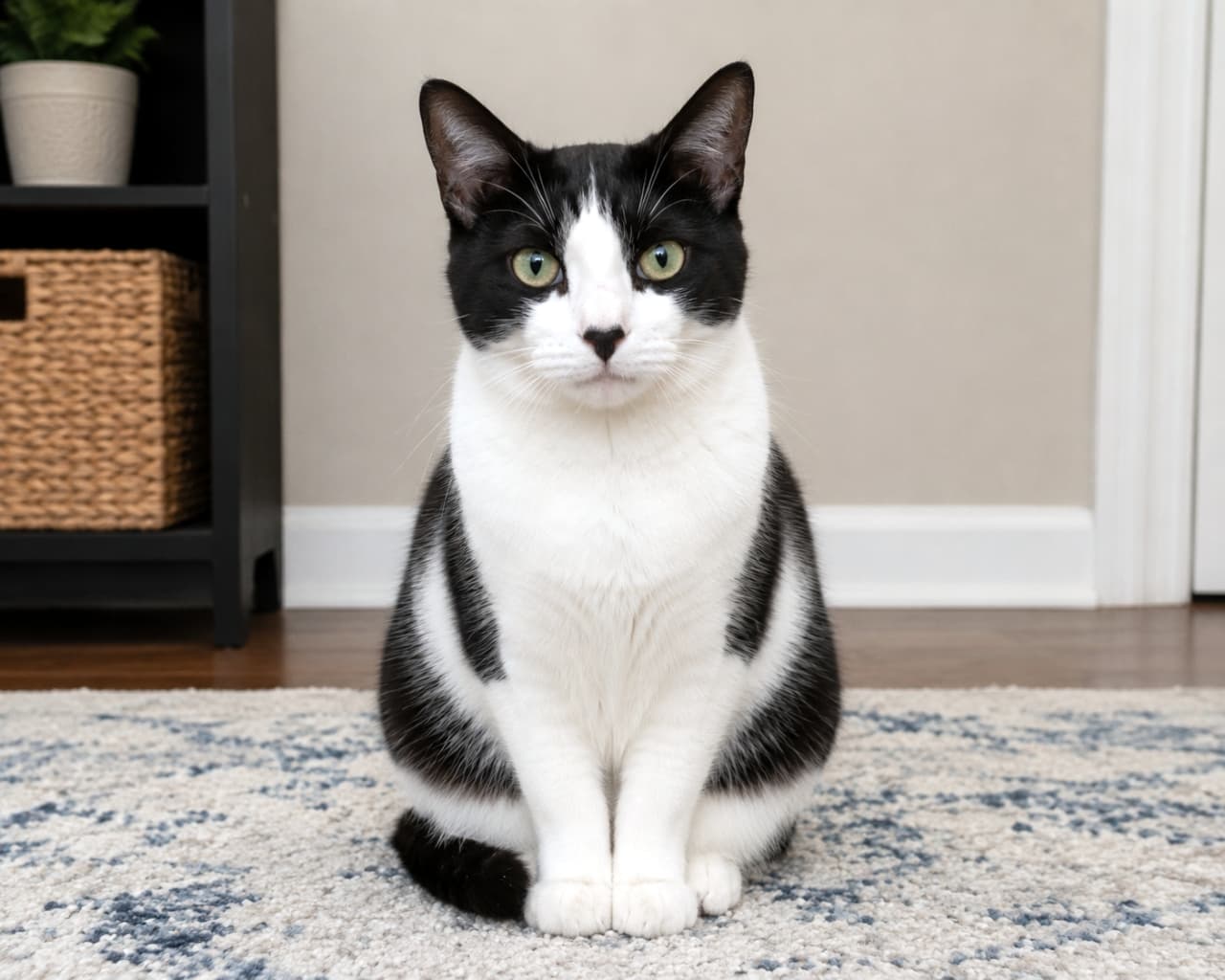 「何かご用ですか？と言わんばかりのキリッとしたお顔がたまらない！👔🐱✨」Ultra-realistic high-quality photograph of a tuxedo cat sitting neatly on a carpet in a living room, looking directly at the camera. リビングのラグマットの上にきちんとお座りをして正面を見つめるタキシードキャット（ハチワレ猫）の高画質写真。背景には収納棚があります
