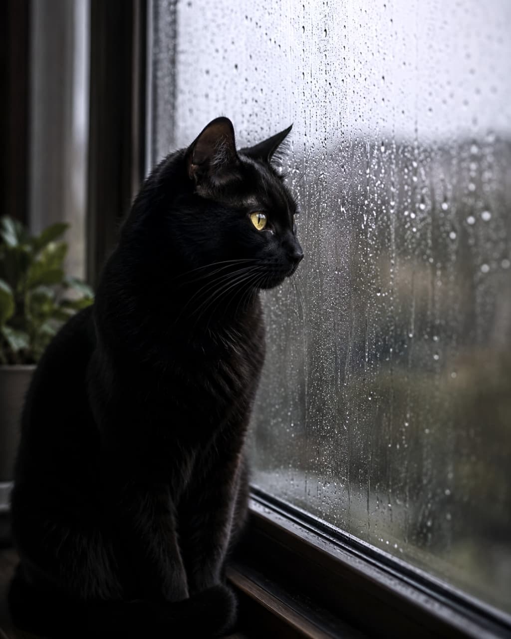 「雨の日は、ボクだけの時間。窓の外を眺めて、静かに何を想う?☔🐈⬛✨ #黒猫 #雨の日 #猫のいる暮らし #窓辺の猫 #ミステリアス」Ultra-realistic high-quality photograph of a stunning black cat with yellow gold eyes, sitting on a wooden window sill and looking out through a rain-streaked glass pane. The cat is in a side profile view, with dense, glossy black fur. A potted plant is visible to the left. The natural light from the overcast sky creates a dramatic, silhouetted effect, capturing the melancholic and silent atmosphere of a rainy day. 雨滴がびっしりとついた窓ガラス越しに、外の薄暗い景色をじっと見つめる、美しい黒猫の横顔。黄色(ゴールド)の瞳が、深く艶やかな黒い被毛の中で鮮やかに輝いている。猫はお座りの姿勢で、窓辺の木製フレームの上に座り、左側には観葉植物の鉢植えが見える。自然光が逆光気味に当たり、黒猫のシルエットと、雨の静寂な雰囲気がドラマチックに描かれた、リアルで高画質な写真