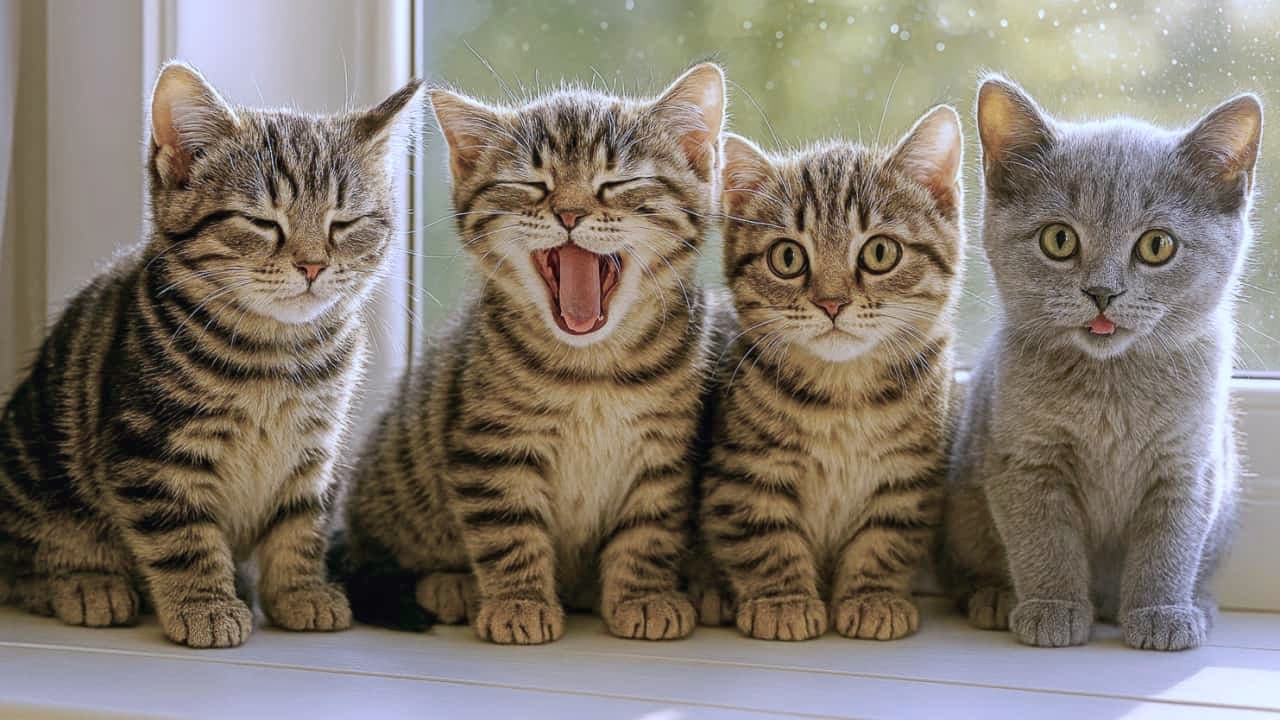 「窓辺の可愛すぎる4きょうだい🐈🐈🐈🐈✨ あなたはどの子の表情が好き?私はあくびしてる子に一票!🥱💖 #猫好きさんと繋がりたい #子猫のいる生活 #猫のいる暮らし」Ultra-realistic high-quality photograph of four kittens sitting in a row on a bright windowsill. From left to right: a sleeping tabby, a yawning tabby, an alert tabby, and a gray British Shorthair-style kitten sticking its tongue out. The natural backlighting beautifully illuminates their silhouettes, whiskers, and fluffy coats, highlighting their unique expressions. 明るい窓辺に一列に並んで座る4匹の子猫。左から、目を閉じてまどろむキジトラ、大あくびをするキジトラ、こちらをじっと見つめるキジトラ、そして少し舌を出したお茶目なブリティッシュショートヘア風のグレーの子猫。自然光が逆光気味に当たり、猫たちの輪郭やヒゲ、ふんわりとした被毛を美しく輝かせ、それぞれの豊かな個性を引き立てています