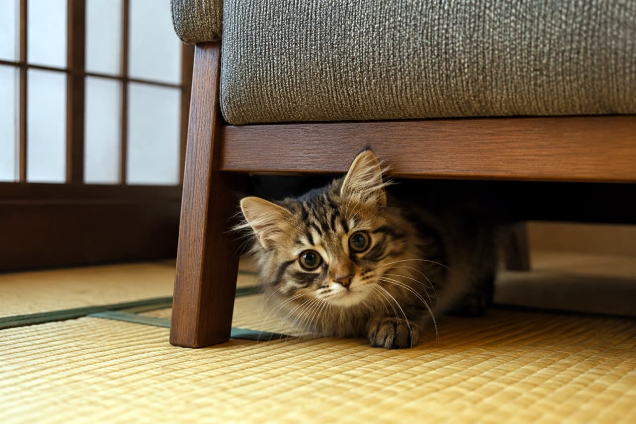 「みつかっちゃった…!ここなら安全だと思ったのに、じーっと見つめられたら出ちゃいそうニャ🐾」An ultra-realistic high-quality photograph of a cute tabby kitten peeking out from under a wooden sofa on a traditional Japanese tatami floor, looking straight at the camera with wide, curious eyes. 畳の部屋で、木製フレームのソファの下から顔を覗かせているキジトラ(タビー)の子猫。クリクリとした大きな目と長いひげが特徴的で、背景には障子が見えます