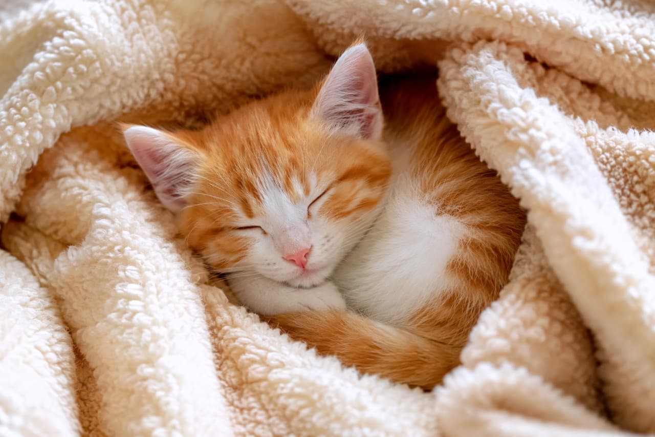 「もこもこブランケットにくるまって夢の中へ…💤 ぬくぬく幸せそうな寝顔に癒やされますね🧣✨ #子猫 #猫のいる生活」Ultra-realistic high-quality photograph of a sleepy orange-and-white kitten curled up inside a fluffy blanket in a warm, cozy atmosphere. ふわふわの毛布にくるまり、丸くなって心地よさそうに眠る茶白の子猫。温かみのある光