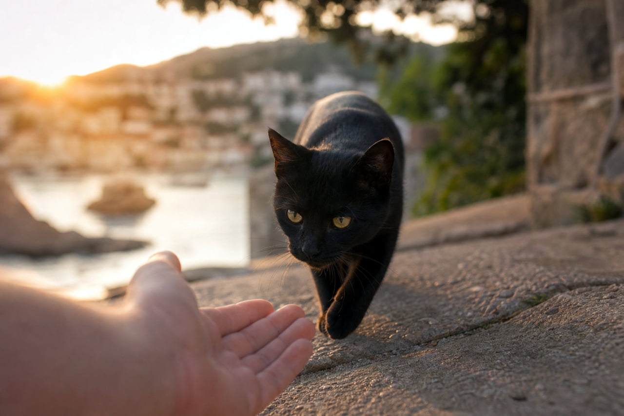 「夕暮れの風に吹かれながら、そっと差し出した手。少し照れ屋な黒猫ちゃんが、ゆっくり一歩ずつ近づいてきてくれたよ🐾🌅心の距離が縮まる、特別な時間✨」An ultra-realistic high-quality photograph with emotional realistic photography of a shy black cat slowly approaching an outstretched human hand, bathed in warm evening lighting with a softly blurred coastal town and sea in the background. 夕暮れ時の美しい黄金色の光が差し込む港町で、石畳の上を歩く黒猫が、手前から差し出された人間の手にゆっくりと近づいている瞬間。背景には海と坂道の街並みが柔らかくボケており、ノスタルジックでエモーショナルな雰囲気が漂うリアルな写真