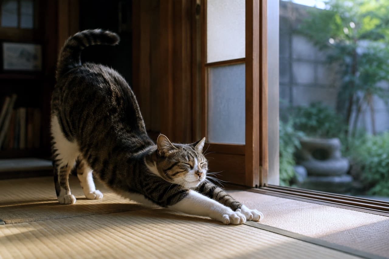 「「ん〜〜っ!」と全身で深呼吸🌿 畳と猫の組み合わせって、どうしてこんなに落ち着くんでしょう🍵🐈 #和室と猫 #猫の伸び」Ultra-realistic high-quality photograph of a tabby and white cat doing a big stretch on a tatami mat in a traditional Japanese room, with sunlight streaming in from the garden. 縁側から外の緑が見える和室で、畳の上で気持ちよさそうに前足を伸ばしてストレッチをするキジ白猫。差し込む太陽の光が猫のシルエットと畳を美しく照らしている