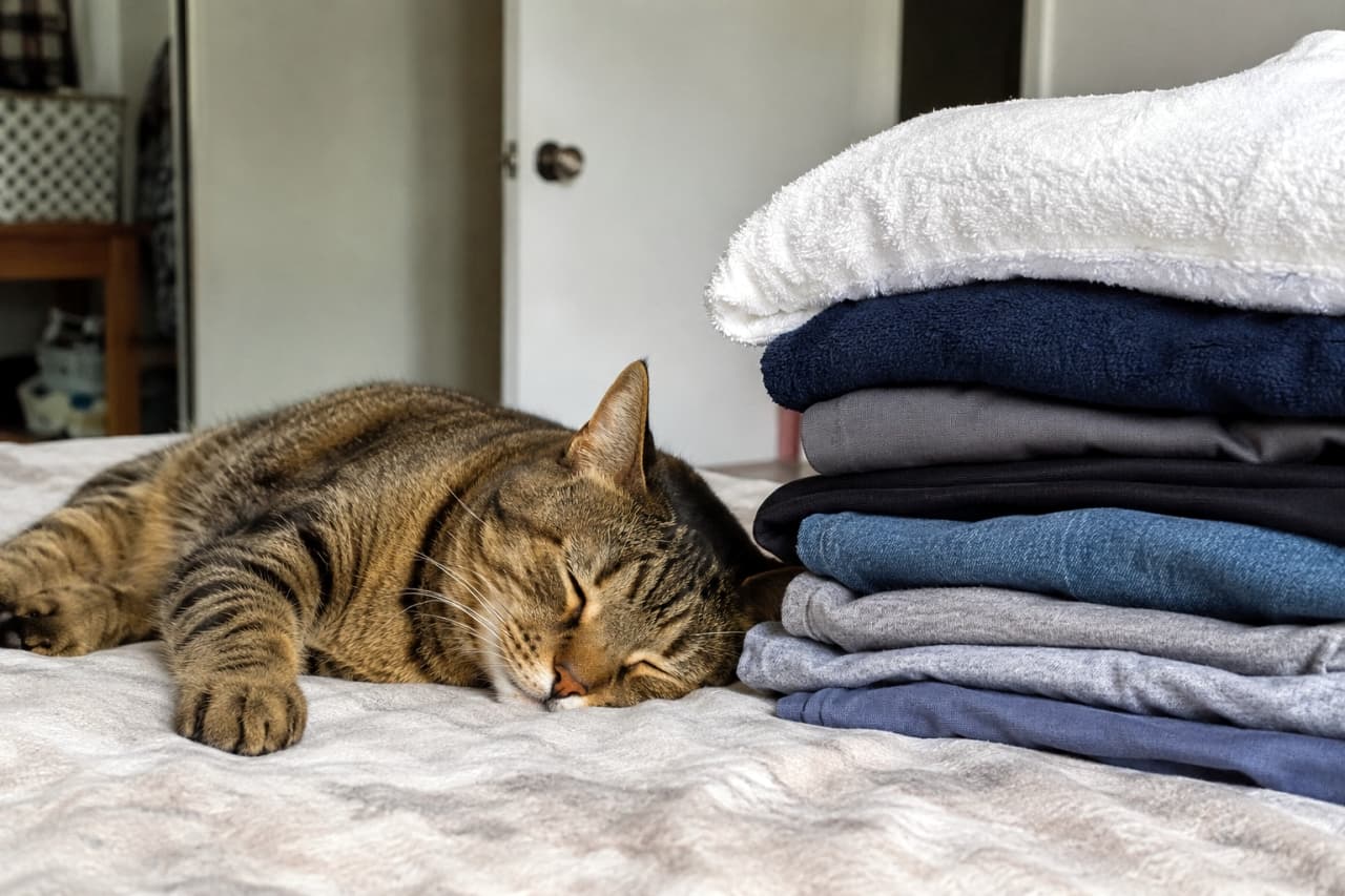 「お洗濯物の横でお昼寝💤無防備な寝顔がたまらなく愛おしい、家猫ならではの日常です🌿 #猫のいる暮らし」Ultra-realistic high-quality photograph of a relaxed tabby cat sleeping next to a stack of folded laundry on a bed. ベッドの上に綺麗に畳まれた衣服やタオルのすぐ横で、安心しきって眠るキジトラ猫