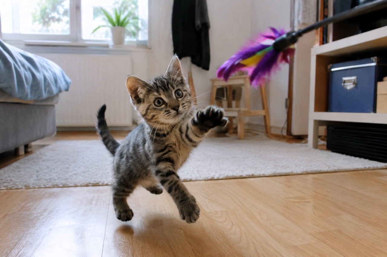 「そぉーい!💨 猫じゃらしに向かって大ジャンプ!元気いっぱいな姿からパワーをもらおう😆✨ #猫のいる生活 #躍動感」Ultra-realistic high-quality photograph of a tabby kitten jumping and playing with a cat wand in a bright living room. 明るいリビングのフローリングで、カラフルな猫じゃらしに向かって元気に飛びかかるキジトラの子猫
