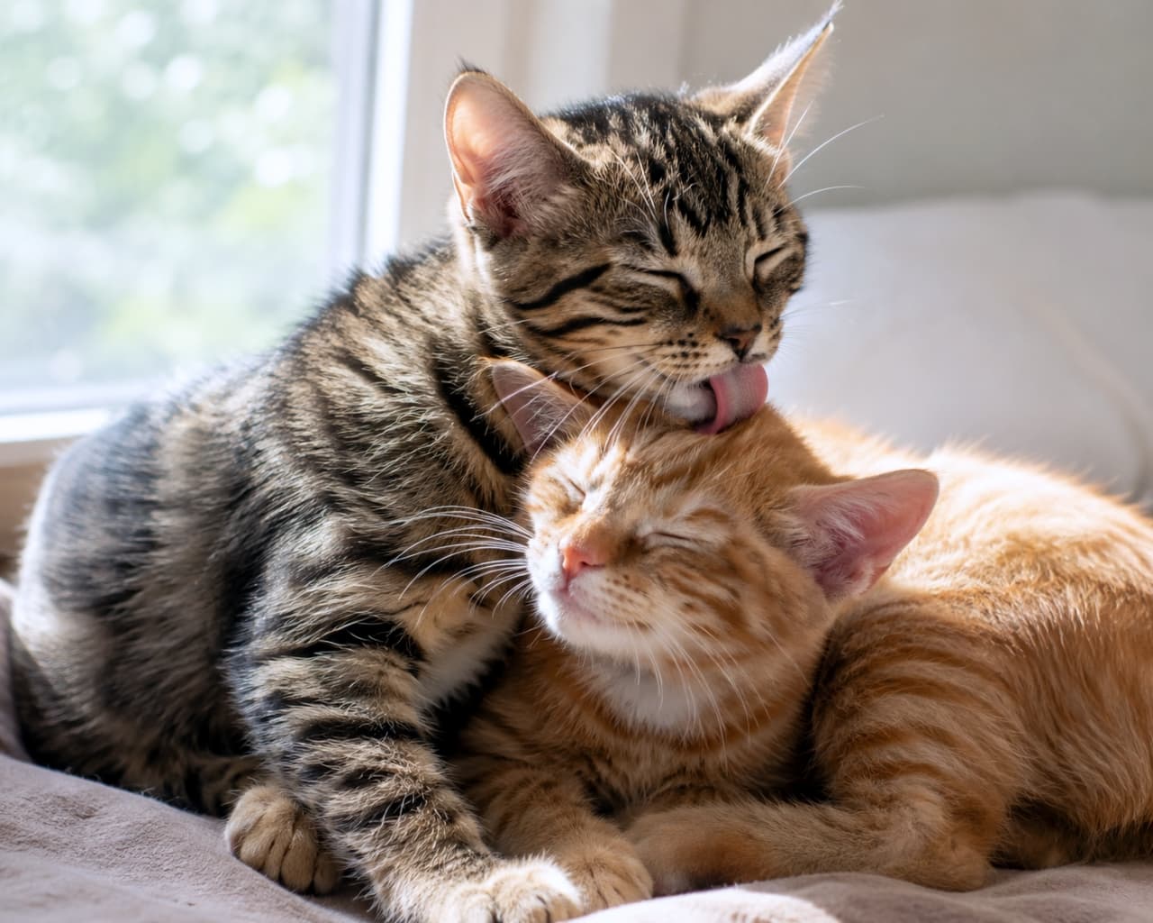 「ぽかぽか陽気でお互いをペロペロ🐱💕仲良しすぎる2匹の姿に癒やされ度120%! #保護猫 #子猫」Ultra-realistic high-quality photograph of a tabby kitten grooming a ginger kitten in bright sunlight near a window. 窓辺の明るい光の中、キジトラ子猫が茶トラ子猫を毛づくろいして寄り添う温かい光景