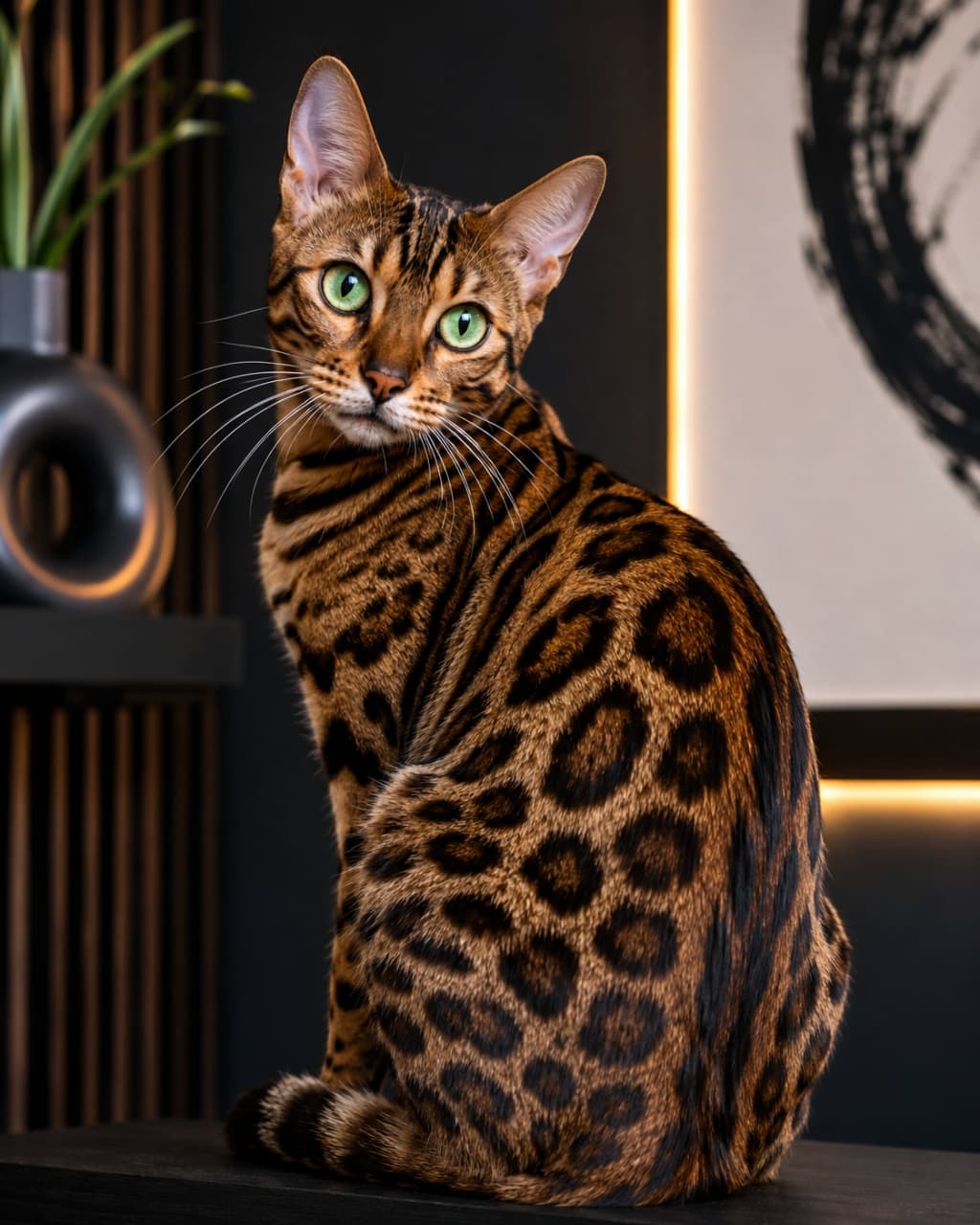 「まるで小さなヒョウ！？🐆✨ 振り返りポーズと吸い込まれそうなグリーンの瞳がクール！」Ultra-realistic high-quality photograph of a beautiful Bengal cat with striking rosette patterns looking back over its shoulder in a modern illuminated setting. 美しいヒョウ柄（ロゼット）を持つベンガル猫が振り返るポーズ。モダンでスタイリッシュなインテリアと間接照明を背景に、エメラルドグリーンの瞳が輝く高品質なポートレート