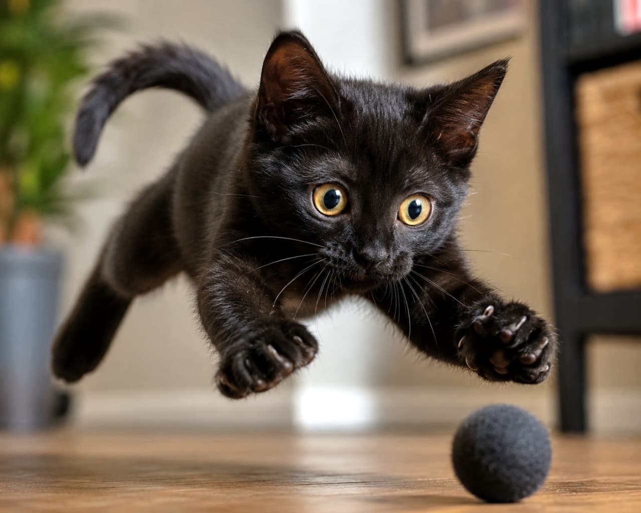 「とうっ！！🐾💨 おもちゃへの執念がすごい😂 ナイスジャンプ！🐈‍⬛✨ #黒猫 #躍動感 #猫のアスリート」Ultra-realistic high-quality photograph of an energetic black kitten mid-jump, diving to catch a small black ball indoors. 室内で黒いボールに向かってダイナミックに飛びかかる黒い子猫。目をまん丸に見開いた真剣な表情と躍動感が捉えられている