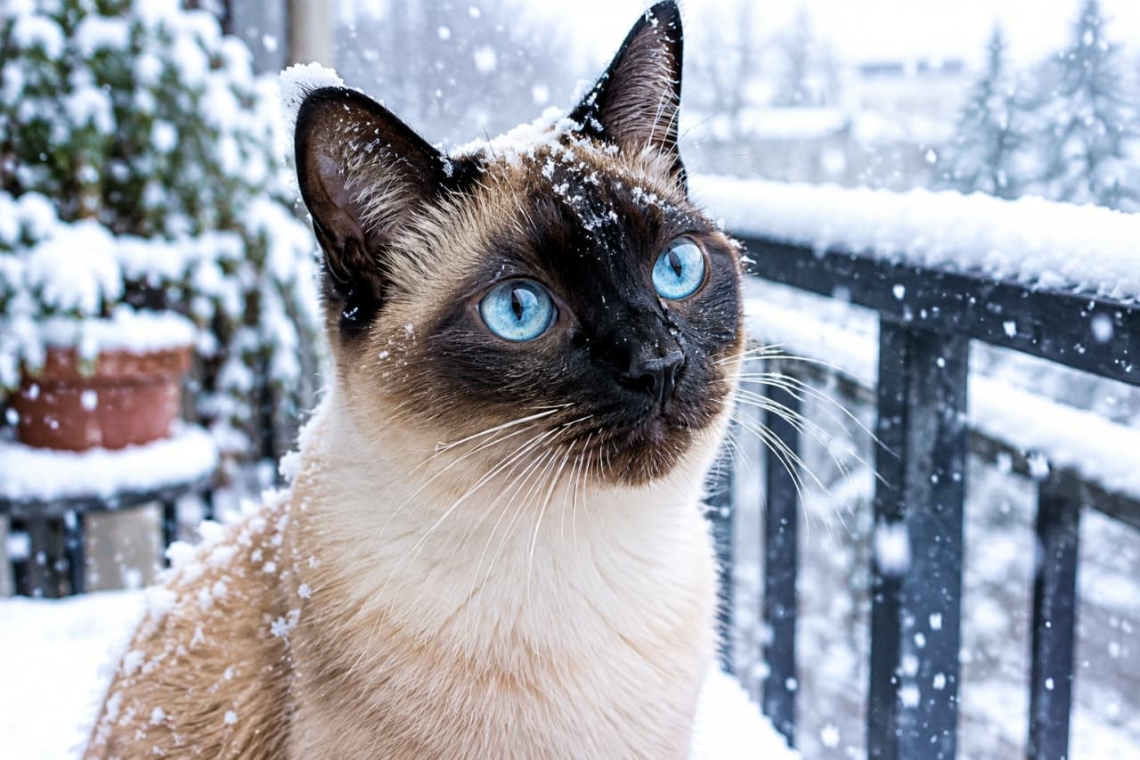 「🐾 雪降る日のお外は魔法の世界にゃ❄️✨ 透き通るようなブルーの瞳と雪のコントラストが美しすぎますよね🥺 心奪われた方はぜひ「いいね」で教えてください💙 #シャム猫 #雪と猫 #美猫 #猫好きさんと繋がりたい」Ultra-realistic high-quality portrait photograph of a Siamese cat on a snowy balcony with snowflakes gently falling on its dark points. The cat features a seal point coat and brilliant sapphire blue eyes looking upward, contrasting beautifully against the white snow and crisp winter atmosphere in the softly blurred background. しんしんと雪が降る冬のベランダで、上空をじっと見つめるシャム猫(シールポイント)のクローズアップ写真。ダークブラウンの耳や顔まわりに舞い落ちた白い雪の結晶が美しく際立ち、透き通るようなサファイアブルーの瞳が神秘的な輝きを放っている。背景には雪化粧をした鉢植えや黒い手すり、ぼやけた冬の木々が写り込み、冷たくも幻想的な光のニュアンスがリアルに表現された高画質画像