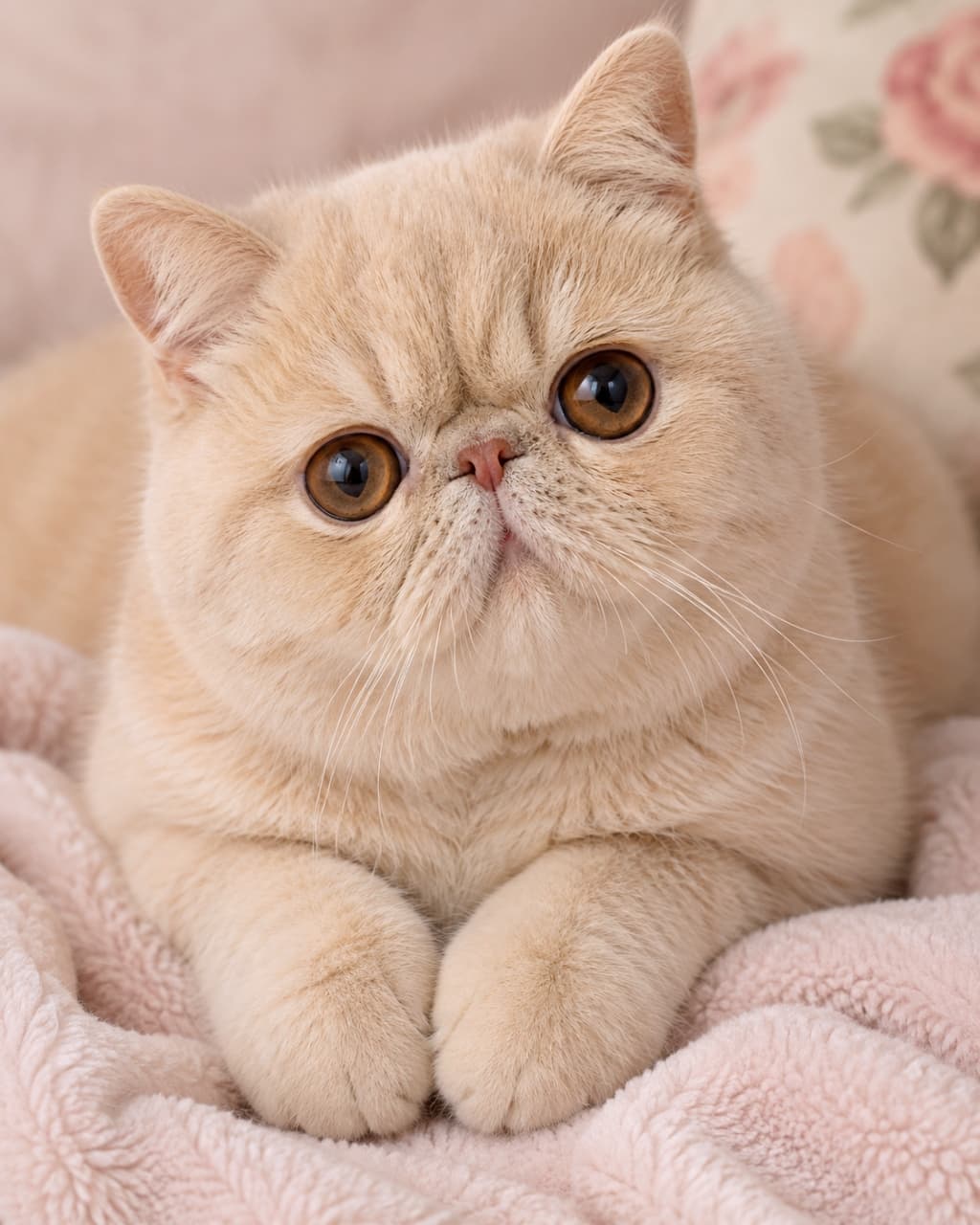 「このまん丸おめめに見つめられたら、もうメロメロ間違いなし！🥺💗」Ultra-realistic high-quality photograph of a cute cream-colored Exotic Shorthair cat lying on a fluffy pink blanket with its large round eyes. ピンクのふわふわな毛布の上に前足を揃えて伏せている、クリーム色のエキゾチックショートヘアの高画質写真。大きくて丸い瞳が印象的です