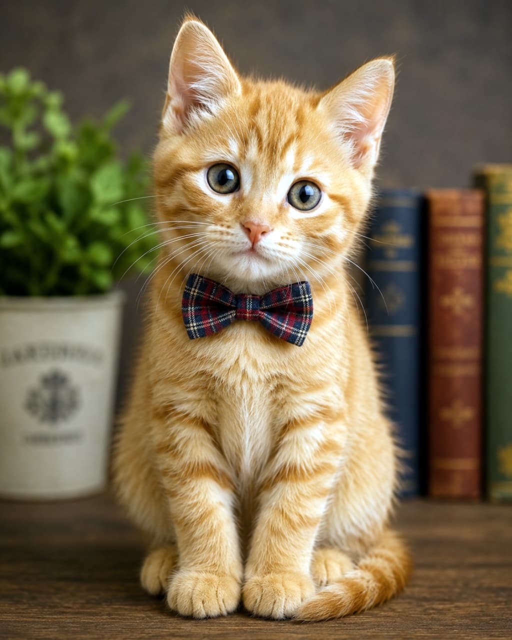 「蝶ネクタイでおめかし🐈🎀 つぶらな瞳で見つめられたらキュンとしちゃうこと間違いなし！✨」Ultra-realistic high-quality photograph of a cute orange tabby kitten wearing a plaid bowtie, sitting in front of antique books and a potted plant with warm lighting. チェック柄の蝶ネクタイでおめかしをした茶トラの子猫のポートレート。背景にはアンティークな本と観葉植物が配置され、温かみのある照明が子猫の愛らしい表情を引き立てています