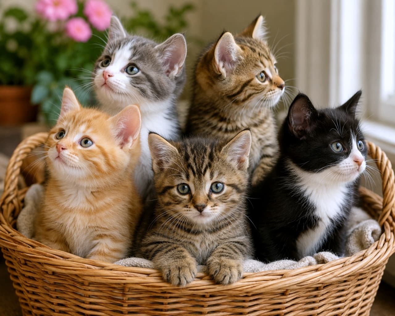 「カゴから溢れる可愛さ！どの子をなでなでするか迷っちゃいますね🧺🐈💕」Ultra-realistic high-quality photograph of five adorable kittens of various patterns (ginger, tabby, tuxedo) huddled together in a wicker basket. 籐のバスケットの中にぎゅっと身を寄せる5匹の可愛らしい子猫たちの高画質写真。茶トラ、キジトラ、ハチワレなど様々な柄の子猫が揃っています
