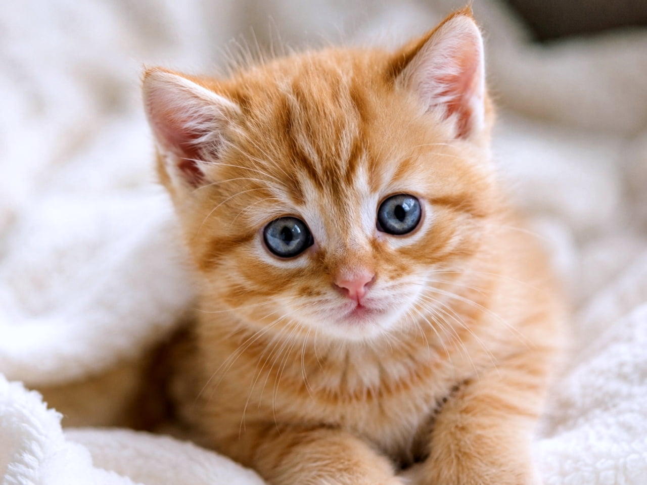 「宝石のような青い瞳に吸い込まれそう…💎 ずっと見つめていたい、神秘的な可愛さです。🐈✨ #猫好きさんと繋がりたい」Ultra-realistic high-quality photograph featuring a macro close-up of a ginger tabby kitten with stunning clear blue eyes. High detail on the whiskers and pink nose. 澄んだ青い瞳が印象的な茶トラの子猫の超近接写真。鼻先のピンク色や一本一本のヒゲまで鮮明に写し出された、マクロレンズ風の高精細なショット