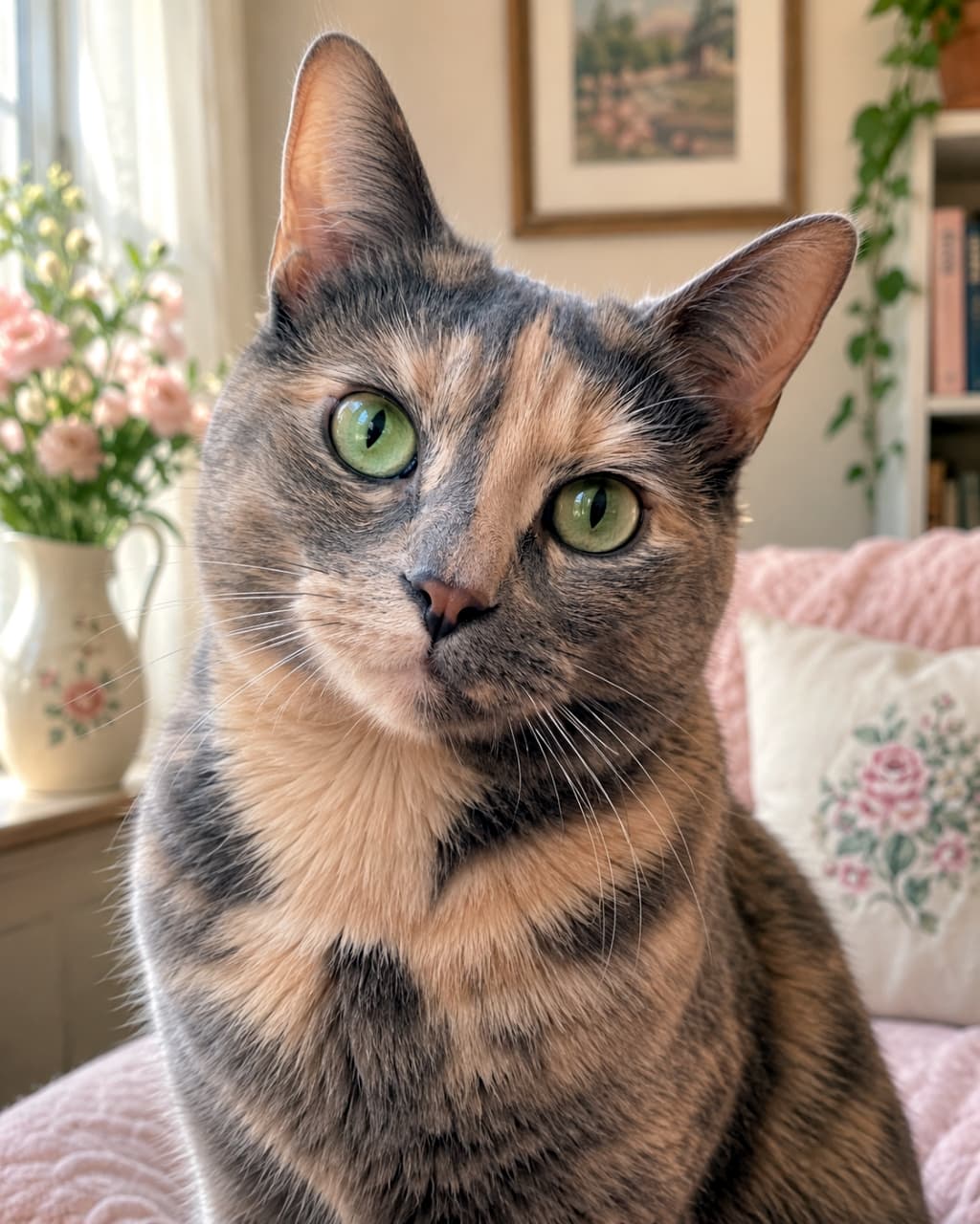 「「ん？よんだ？」って首を傾げる仕草がたまらない🥺🌸 癒やし度100%💕 #サビ猫 #窓辺の風景 #ねこのきもち」Ultra-realistic high-quality photograph of a beautiful pastel tortoiseshell cat tilting its head, relaxing by a bright window with pink cushions and flowers. 淡いパステルカラーのサビ猫が、ピンクのクッションや花が飾られた明るい窓辺で首を傾げている可愛らしい様子