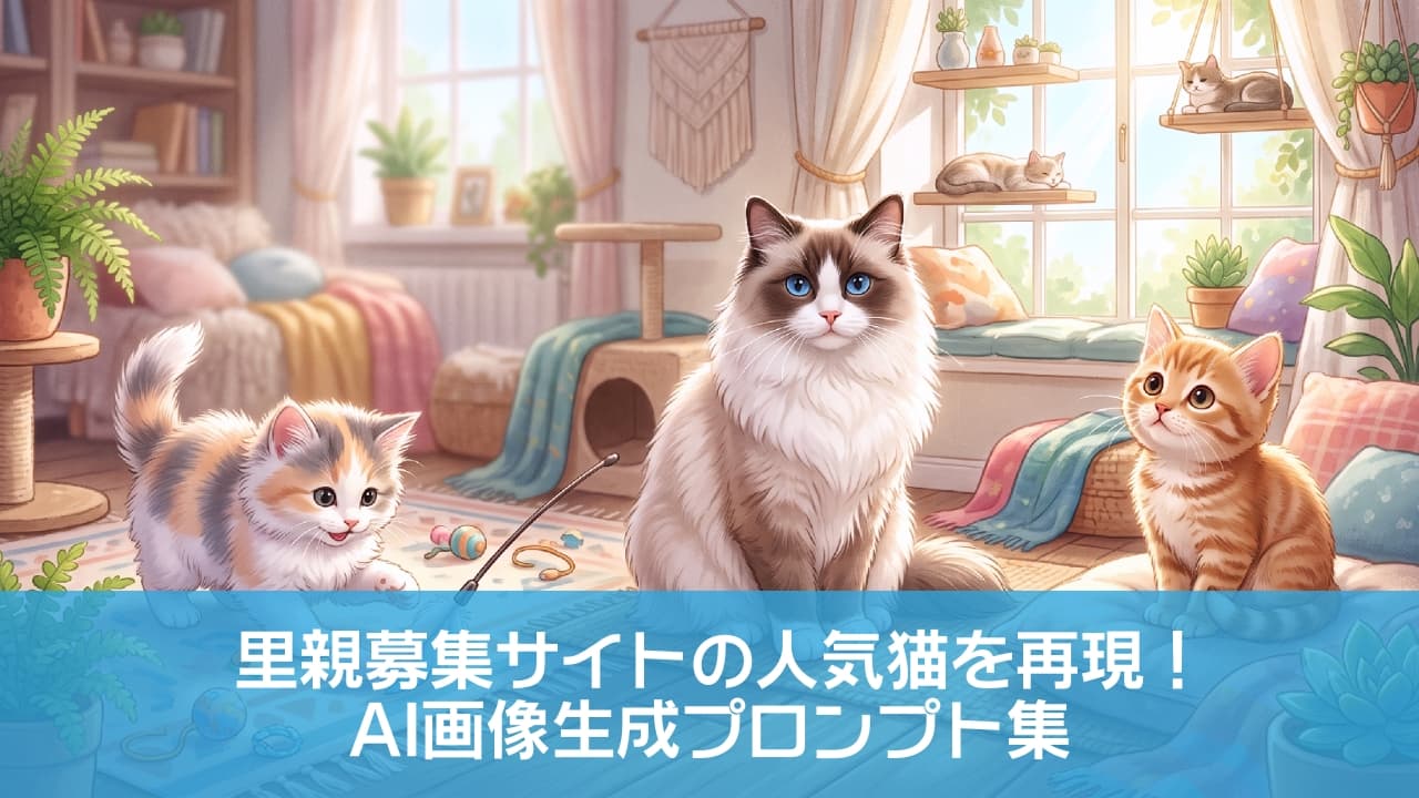 「ぽかぽか陽気のリビングで、猫たちと過ごす至福の癒やし時間🐾🌿 美しいラグドールちゃんに、元気いっぱいの子猫たち…みんなはどの子と一緒に遊びたい？🐈✨ #猫好きさんと繋がりたい #ラグドール #子猫のいる生活」Ultra-realistic high-quality illustration of three cats relaxing in a sunlit, cozy living room adorned with houseplants. Features a fluffy bicolor Ragdoll with striking sapphire blue eyes sitting gracefully in the center, a playful calico kitten engaging with a feather toy on the left, and an adorable orange tabby kitten sitting on a floor cushion on the right, all bathed in soft, warm pastel lighting. 観葉植物が飾られた日当たりの良いリビングルームでくつろぐ、3匹の猫たちの高画質なイラスト。中央にはサファイアブルーの美しい目を持つ長毛のラグドールが上品に座り、左側では三毛猫の子猫が猫じゃらしに飛びかかろうとしています。右側のクッションには茶トラの子猫が愛らしくお座りしており、パステル調の温かみのある自然光が部屋全体を優しく包み込んでいます