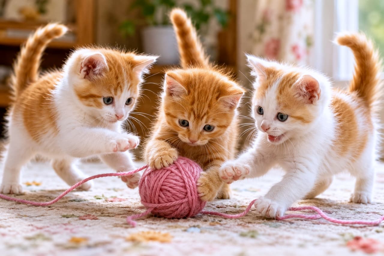 「それ、ぼくのー！😆 ピンクの毛糸玉に夢中な3兄弟🧶💕 ずっと見てられる可愛さ✨ #子猫のいる生活 #兄弟猫 #遊びの時間」Ultra-realistic high-quality photograph of three adorable ginger and white kittens playing energetically with a pink ball of yarn indoors. 室内でピンクの毛糸玉に群がって無邪気に遊ぶ、3匹の茶白の子猫たち。明るく活発な印象の写真