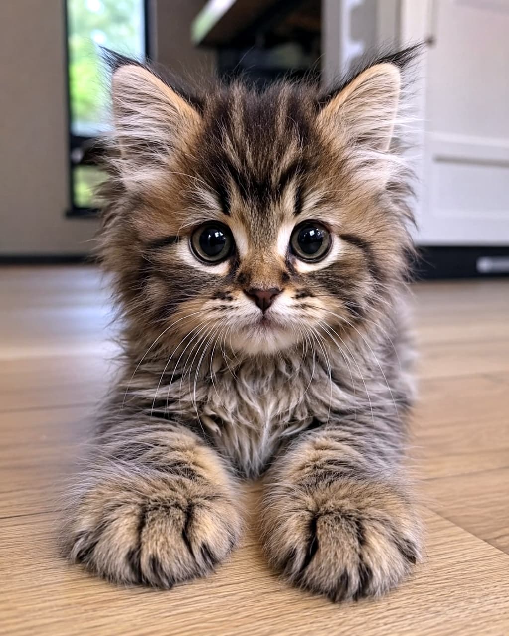 「ん？呼んだ？🐾 まん丸お目々で見つめられると、何でも許しちゃいそう🥺💕 #猫の目 #もふもふ」An ultra-realistic high-quality photograph of a close-up of a fluffy tabby kitten lying on the floor, staring directly at the camera with big, round eyes. 床に伏せてこちらをじっと見つめる長毛キジトラの子猫のクローズアップ。大きくて丸い瞳と立派な前足が強調された高品質な写真