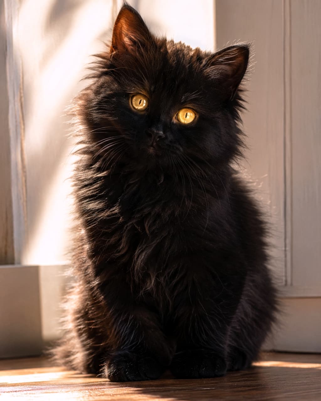 「陽の光を浴びてポカポカ…☀️黒猫ちゃんの美しい金色の瞳に吸い込まれそう✨ #黒猫 #癒し時間」Ultra-realistic high-quality photograph of a fluffy black kitten sitting in warm sunbeams coming through a window, tilting its head slightly with glowing golden eyes. 窓辺から差し込む暖かい陽だまりの中に座る、ふわふわな毛並みの黒猫の子猫。少し首を傾げ、金色の瞳がキラキラと輝いています