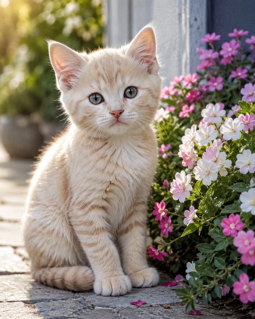 「お花畑で見つけた天使👼🌸 ぽかぽか陽気でごきげんニャン☀️✨ #春爛漫 #お散歩猫」An ultra-realistic high-quality photograph of a cute cream tabby kitten sitting next to small pink and white flowers in warm outdoor sunlight. 屋外の暖かな日差しの中、ピンクと白の小さな花々の隣にちょこんと座るクリーム色のトラ柄の子猫。光と影のコントラストが美しい高品質な写真