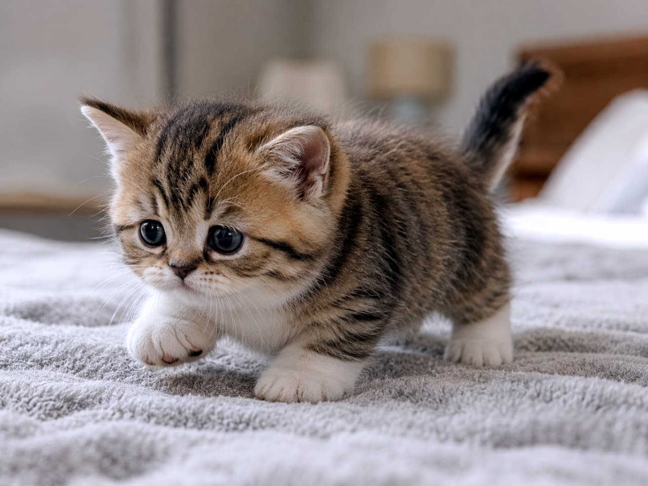 「ふかふかベッドの上をトコトコ探検中🐾まん丸フォルムが可愛すぎて反則級です😍 #キジトラ #子猫のいる生活」Ultra-realistic high-quality photograph of a cute tabby kitten with round eyes walking on a soft grey blanket on a bed. グレーの柔らかいブランケットが敷かれたベッドの上を歩く、まん丸な瞳のキジトラの子猫。短い足と丸みを帯びたフォルムが愛らしい一枚です