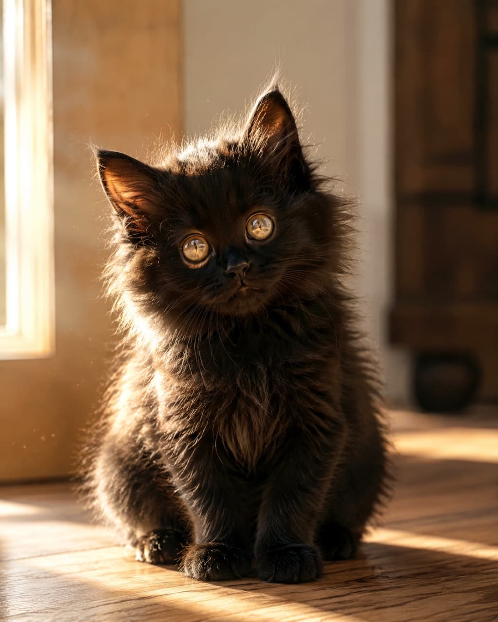 「後ろからの光でふわふわ感マシマシ！👼天使みたいな黒猫ちゃんに見つめられてドキドキ💖 #黒猫 #子猫部」Ultra-realistic high-quality photograph of a fluffy black kitten sitting illuminated by warm backlit sunlight. Its silhouette is beautifuly outlined by light and it's looking directly at the camera. 逆光の暖かい太陽の光に包まれて座る、長毛の黒猫の子猫。輪郭が光で美しく縁取られ、大きく丸い瞳でこちらを見つめています