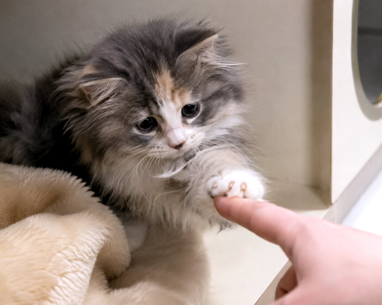 「指先にちょこん🐾 甘えん坊な瞳で見つめられたら、もうキュン死間違いなし！😍✨ #子猫 #猫のいる暮らし」An ultra-realistic high-quality photograph of a fluffy calico kitten touching a human finger with its paw. The kitten has soft fur and slightly watery eyes. 人間の指先にちょこんと前足を乗せる、長毛の三毛猫風の子猫。柔らかな毛並みと少し潤んだような瞳が印象的な、高品質でリアルな写真